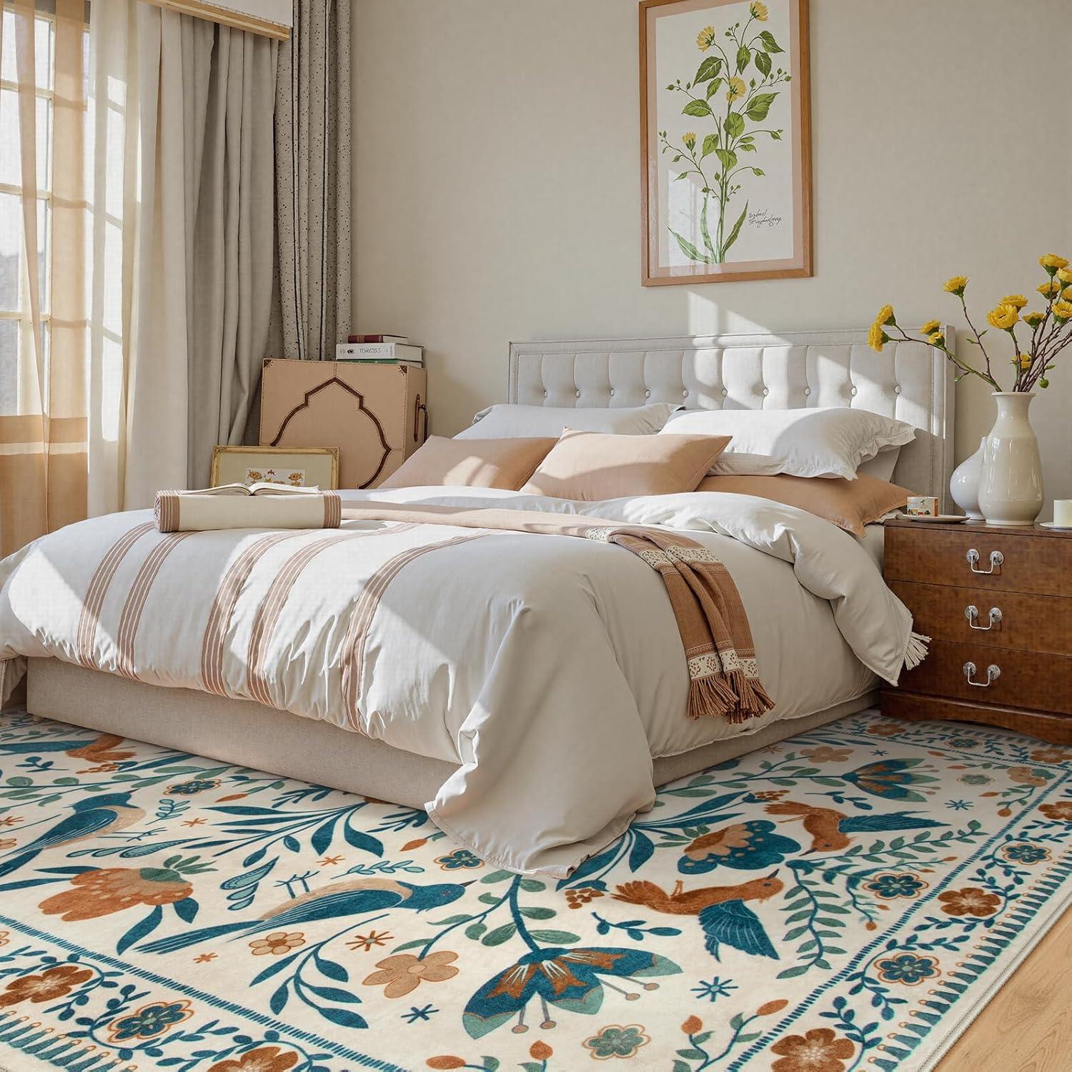 imageMoynesa Boho Birds Rug 8x10 Area Rug Green Machine Washable LowPile Soft Playroom Rug Living Room CarpetBeige