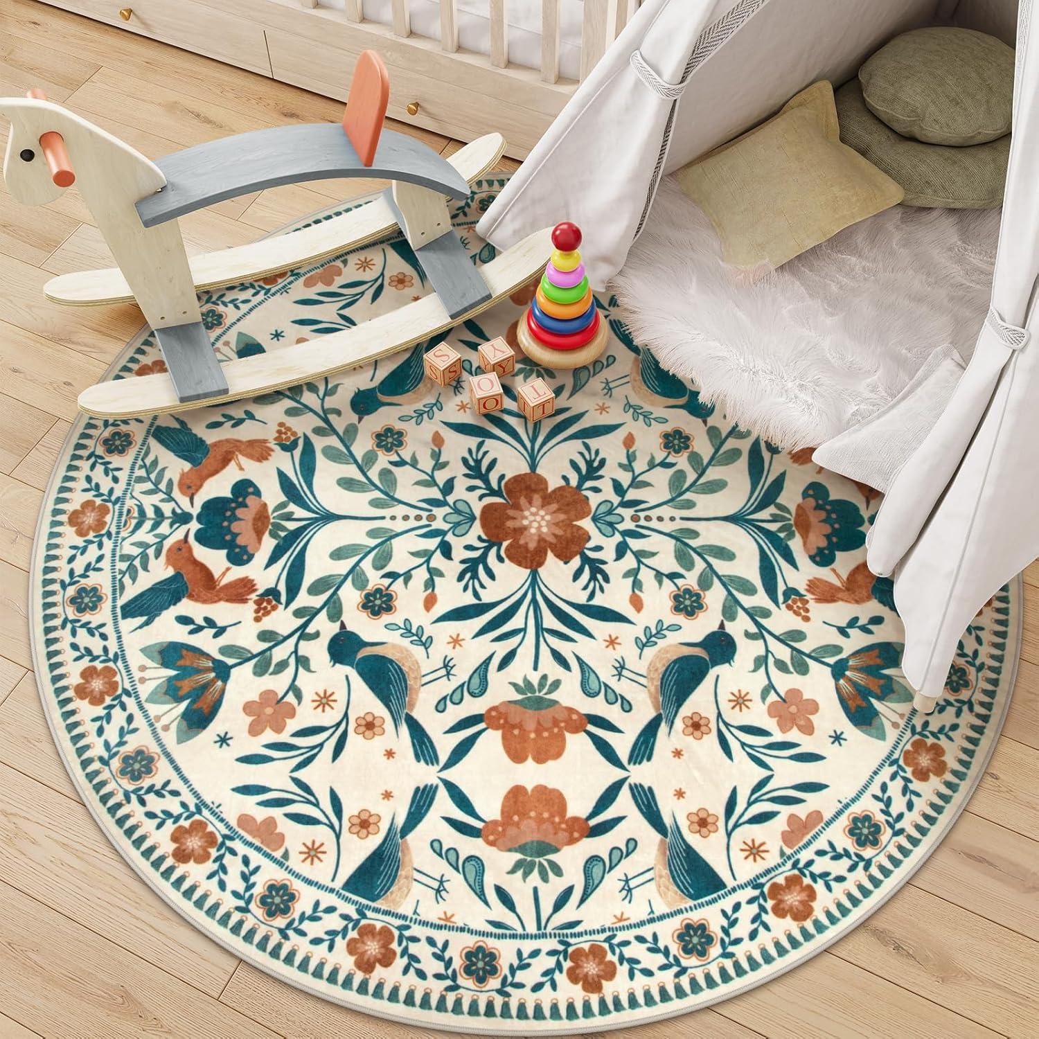 imageMoynesa Boho Birds Rug 8x10 Area Rug Green Machine Washable LowPile Soft Playroom Rug Living Room CarpetBeige