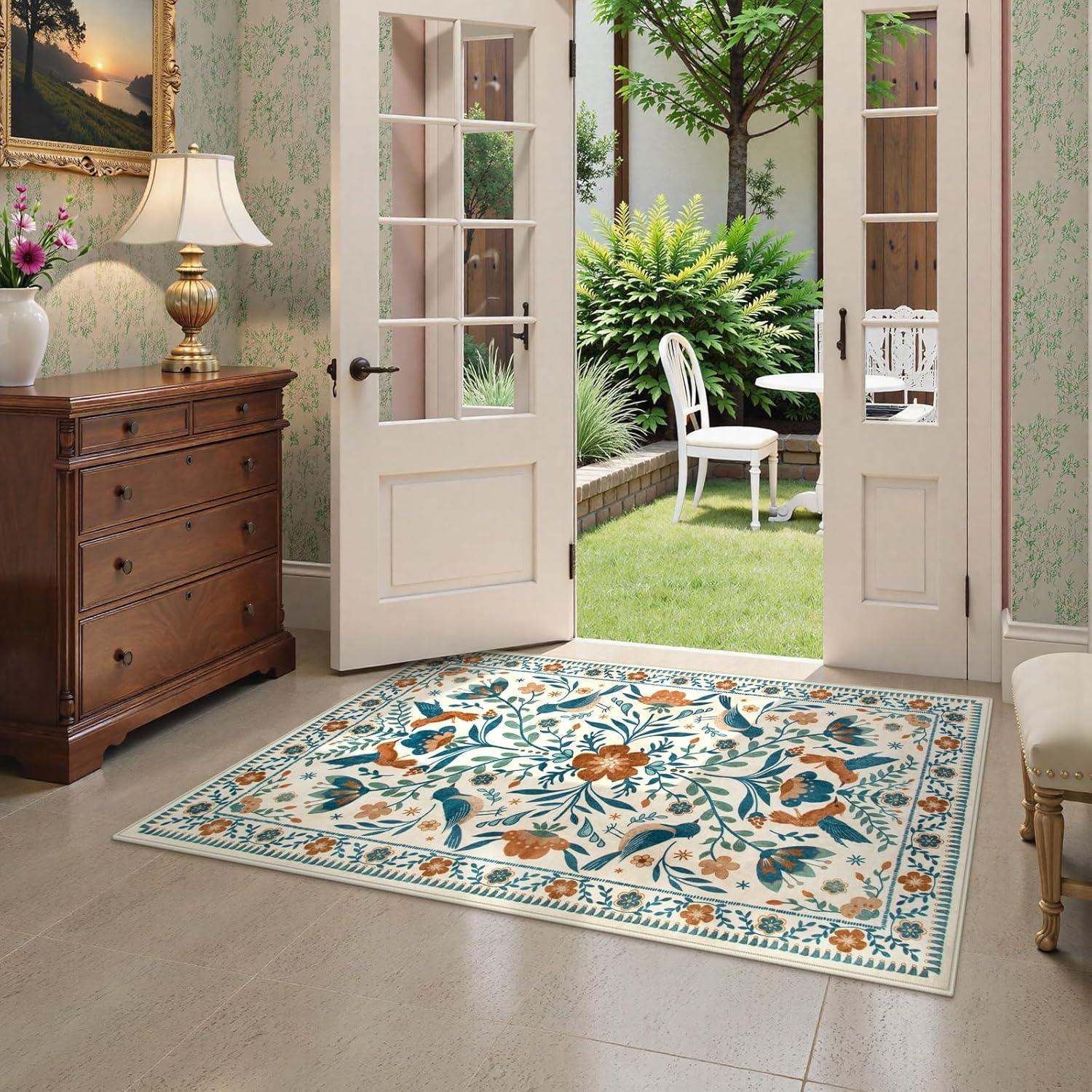imageMoynesa Boho Birds Rug 8x10 Area Rug Green Machine Washable LowPile Soft Playroom Rug Living Room CarpetBeige
