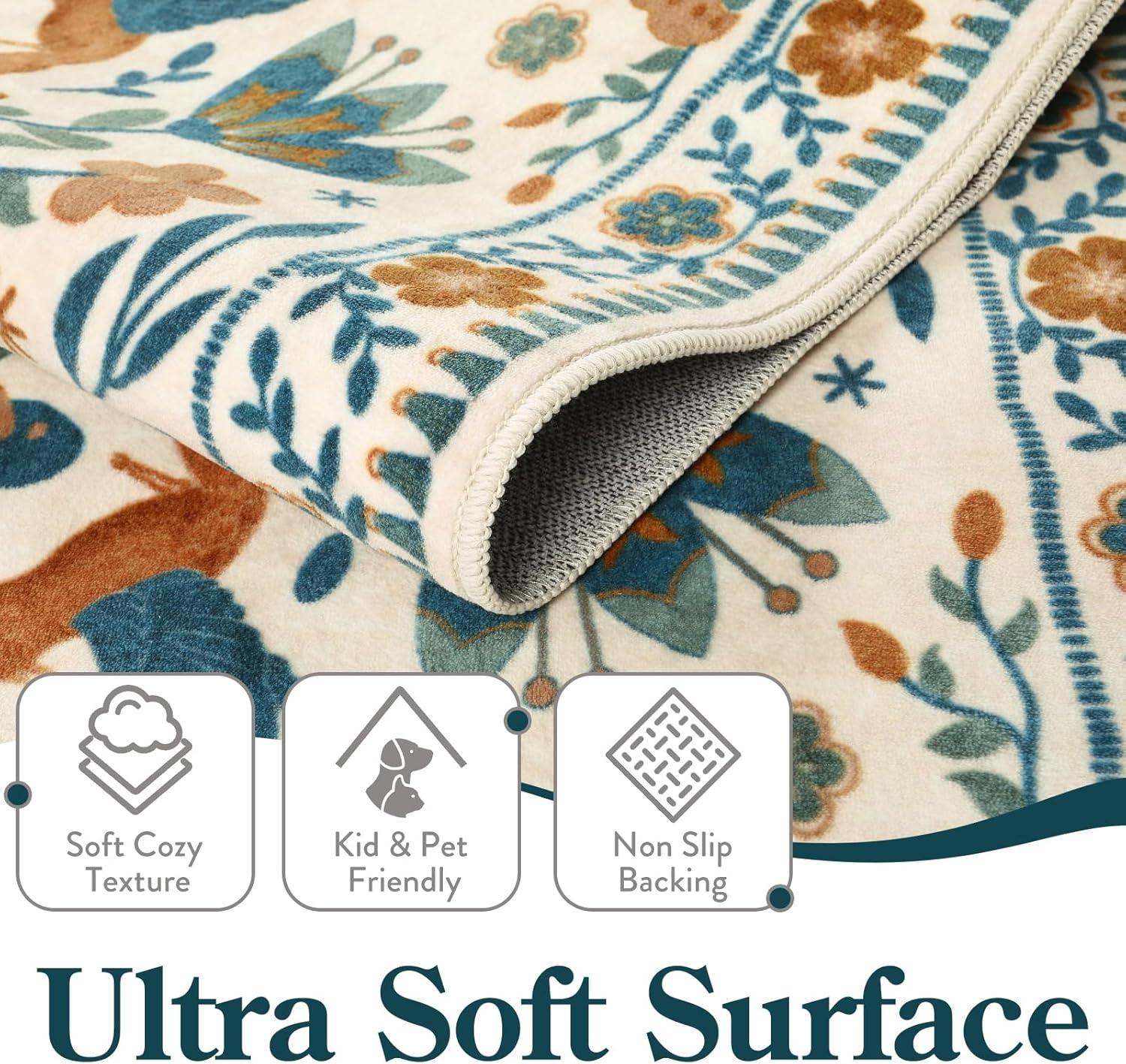 imageMoynesa Boho Birds Rug 8x10 Area Rug Green Machine Washable LowPile Soft Playroom Rug Living Room CarpetBeige