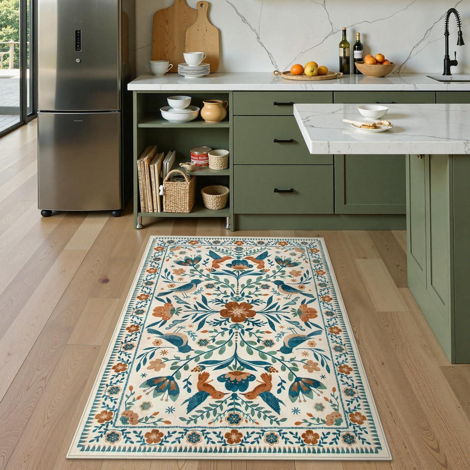 imageMoynesa Boho Birds Rug 8x10 Area Rug Green Machine Washable LowPile Soft Playroom Rug Living Room CarpetBeige