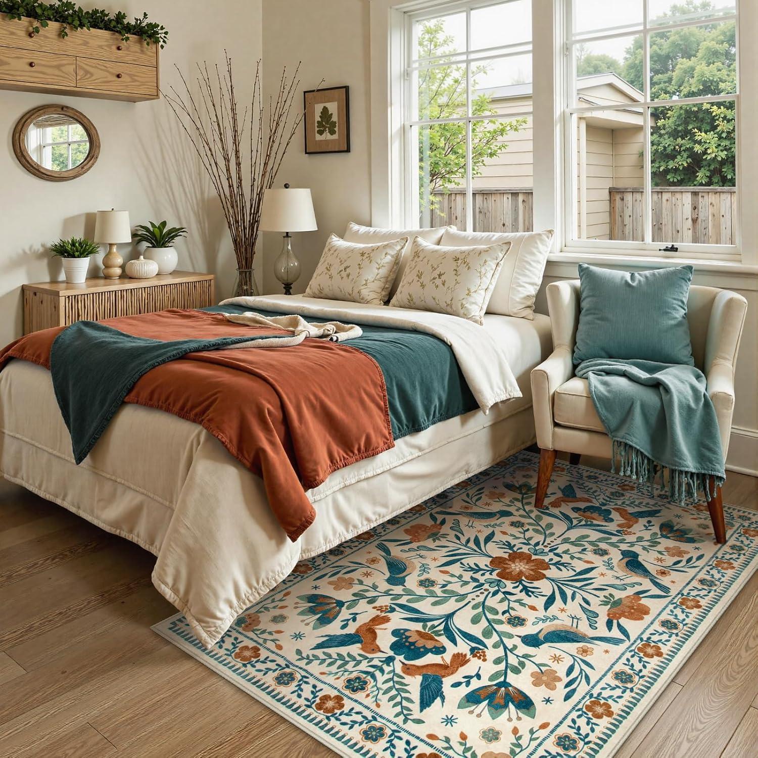 imageMoynesa Boho Birds Rug 8x10 Area Rug Green Machine Washable LowPile Soft Playroom Rug Living Room CarpetBeige