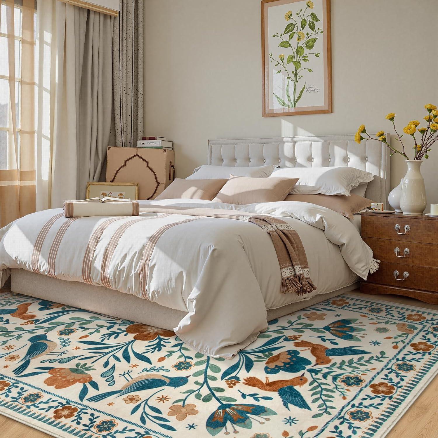 imageMoynesa Boho Birds Rug 8x10 Area Rug Green Machine Washable LowPile Soft Playroom Rug Living Room CarpetBeige