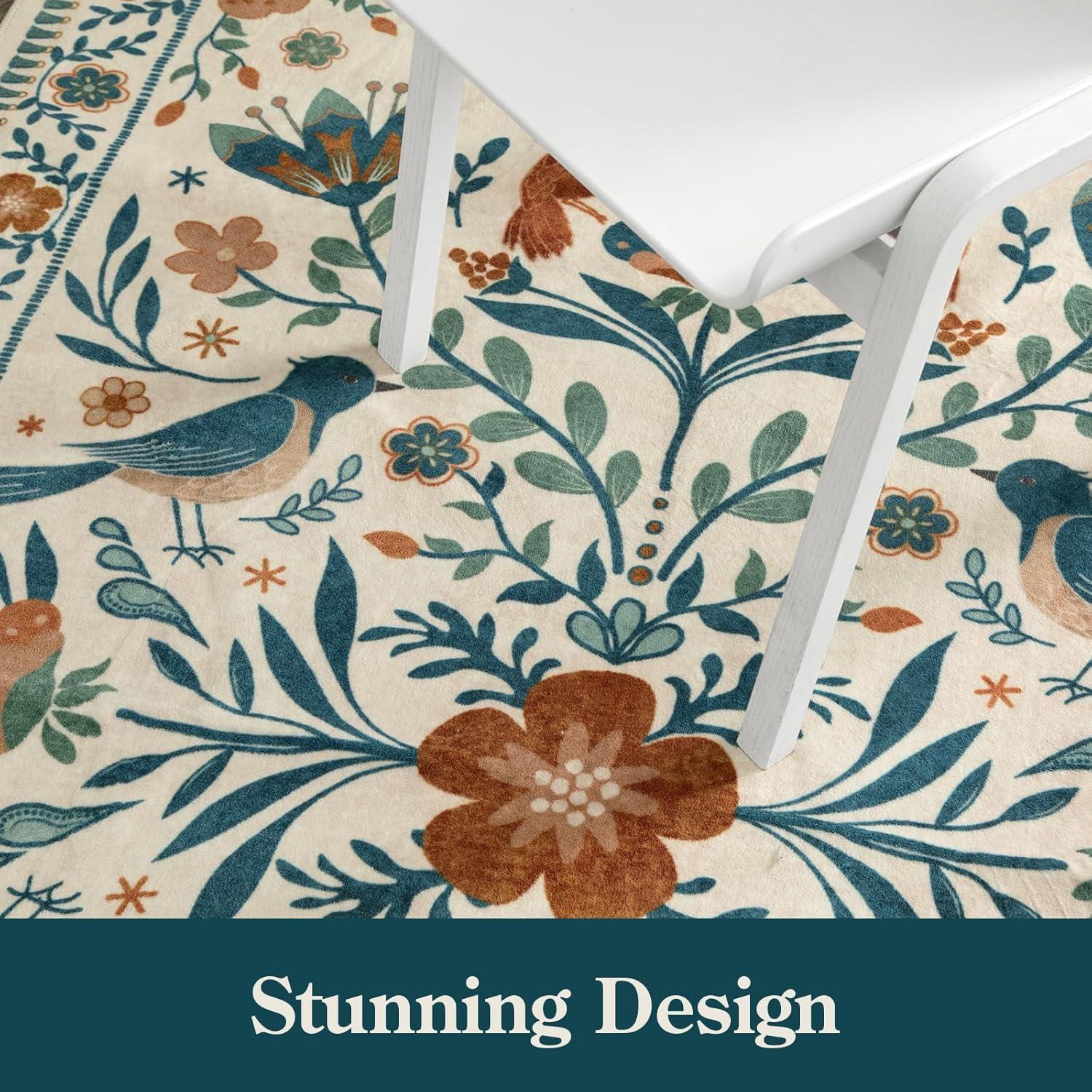 imageMoynesa Boho Birds Rug 8x10 Area Rug Green Machine Washable LowPile Soft Playroom Rug Living Room CarpetBeige