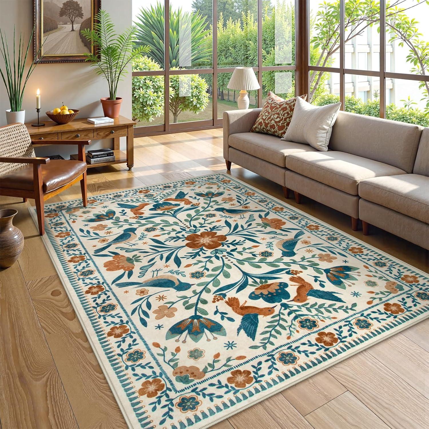imageMoynesa Boho Birds Rug 8x10 Area Rug Green Machine Washable LowPile Soft Playroom Rug Living Room CarpetBeige