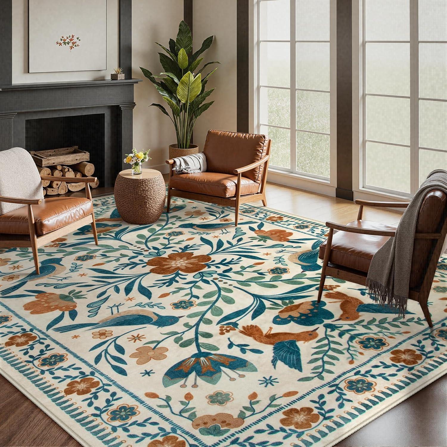 imageMoynesa Boho Birds Rug 8x10 Area Rug Green Machine Washable LowPile Soft Playroom Rug Living Room CarpetBeige