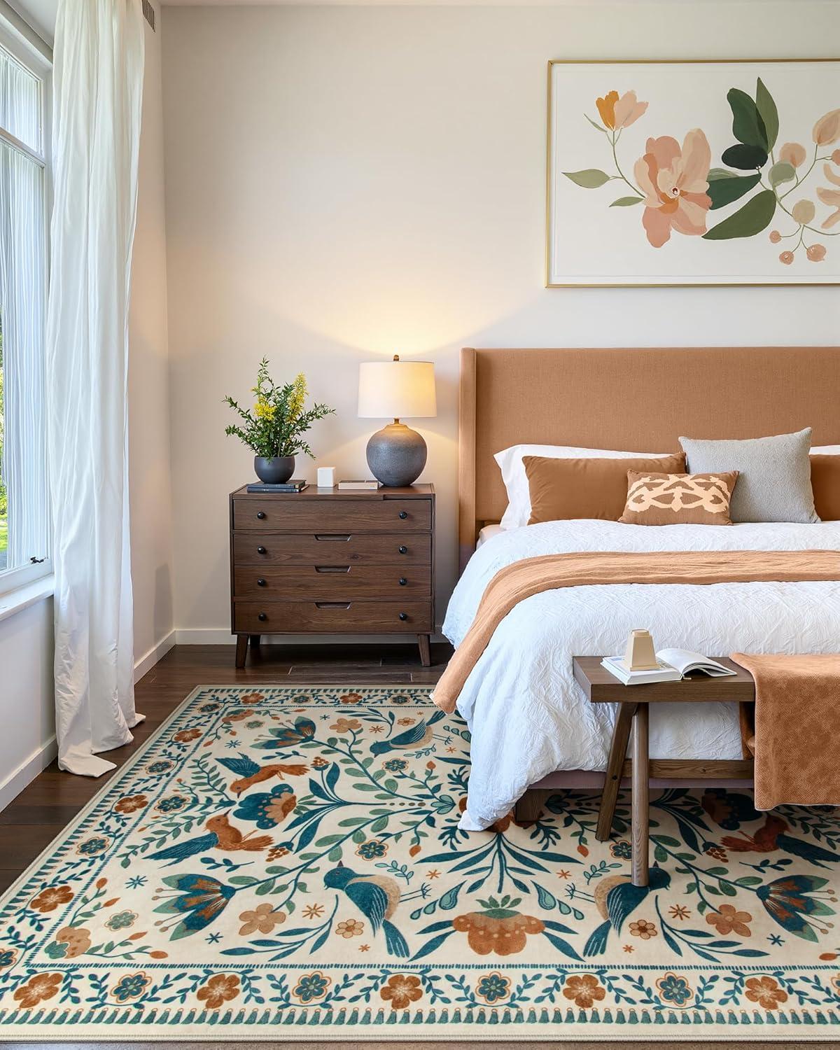 imageMoynesa Boho Birds Rug 8x10 Area Rug Green Machine Washable LowPile Soft Playroom Rug Living Room CarpetBeige