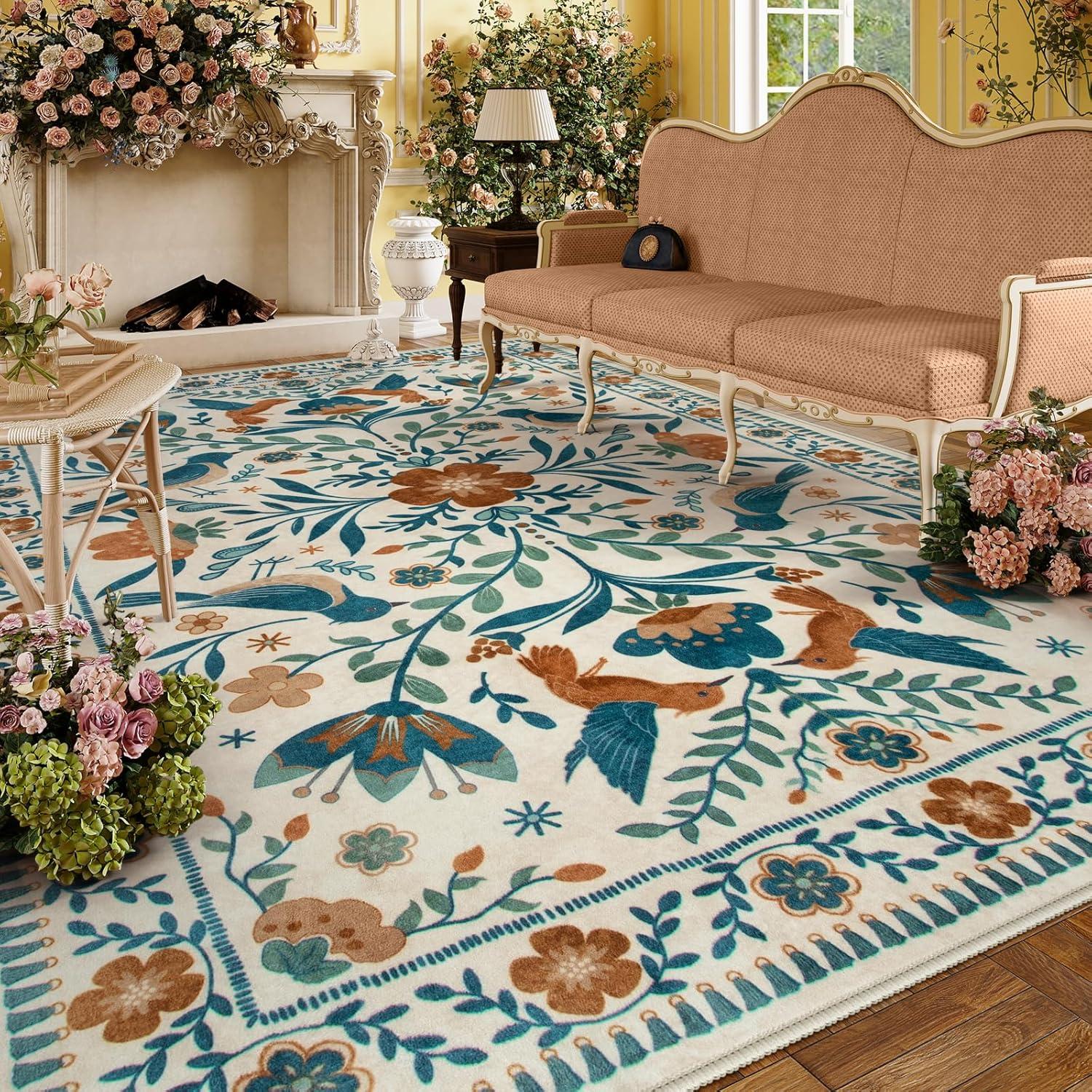 imageMoynesa Boho Birds Rug 8x10 Area Rug Green Machine Washable LowPile Soft Playroom Rug Living Room CarpetBeige