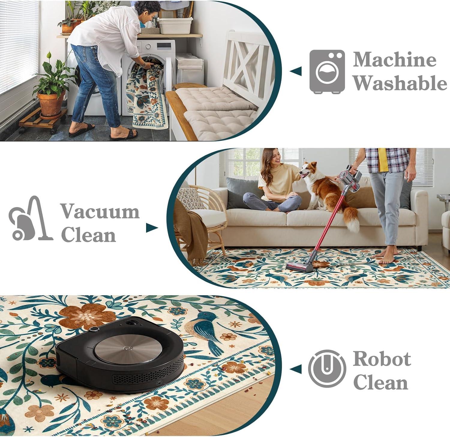 imageMoynesa Boho Birds Rug 8x10 Area Rug Green Machine Washable LowPile Soft Playroom Rug Living Room CarpetBeige