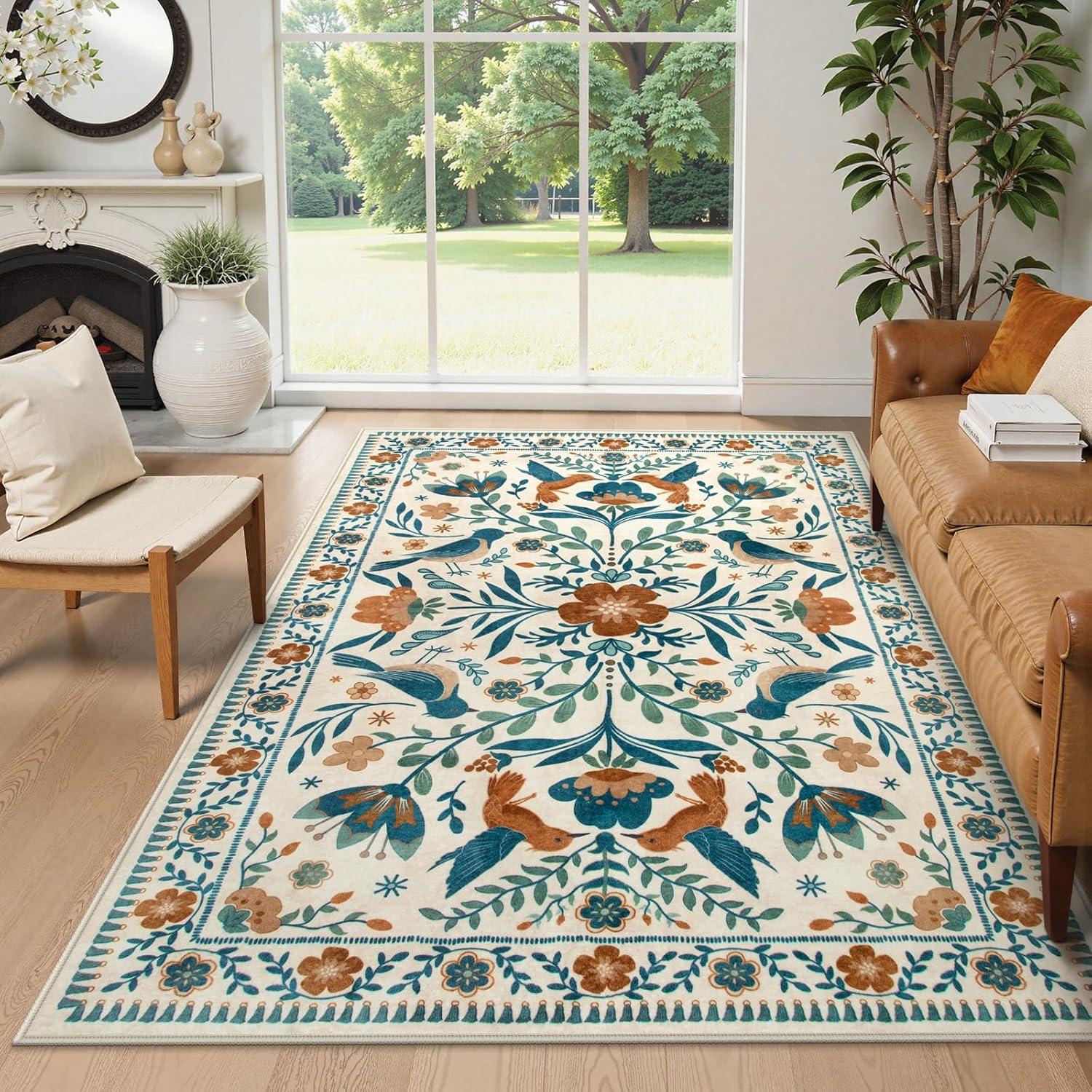 imageMoynesa Boho Birds Rug 8x10 Area Rug Green Machine Washable LowPile Soft Playroom Rug Living Room CarpetBeige