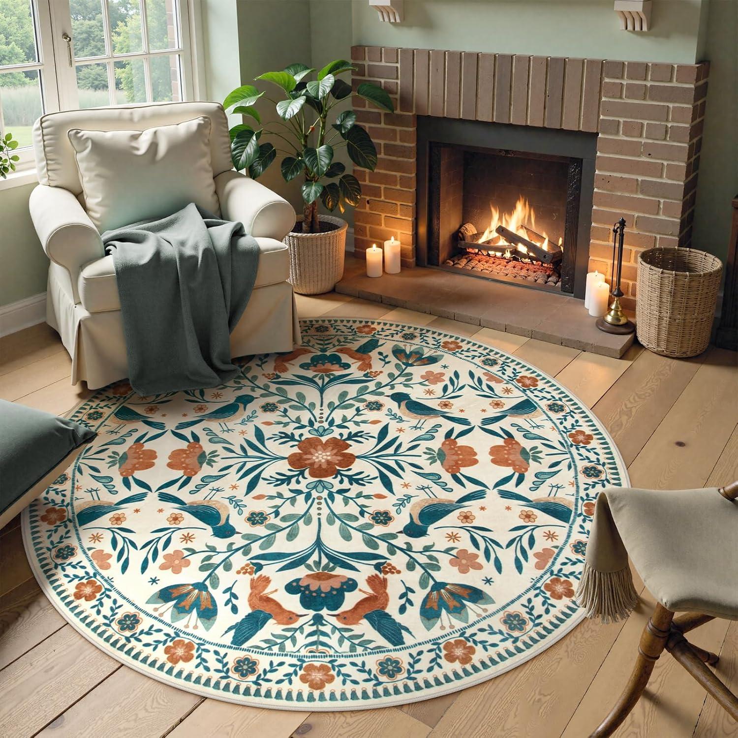 imageMoynesa Boho Birds Rug 8x10 Area Rug Green Machine Washable LowPile Soft Playroom Rug Living Room CarpetBeige