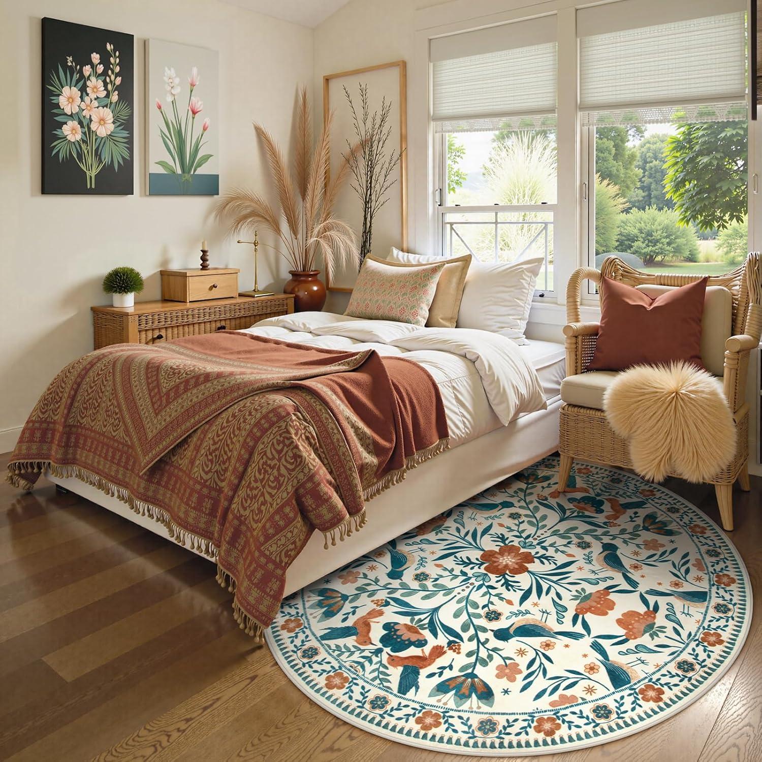 imageMoynesa Boho Birds Rug 8x10 Area Rug Green Machine Washable LowPile Soft Playroom Rug Living Room CarpetBeige