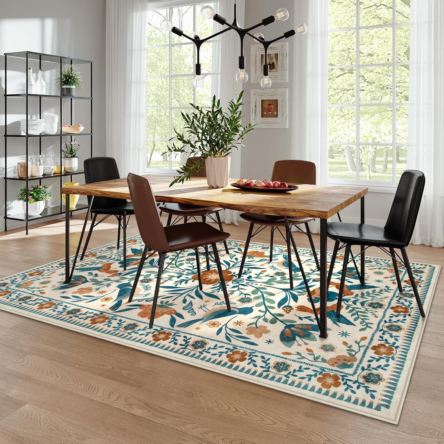 imageMoynesa Boho Birds Rug 8x10 Area Rug Green Machine Washable LowPile Soft Playroom Rug Living Room CarpetBeige