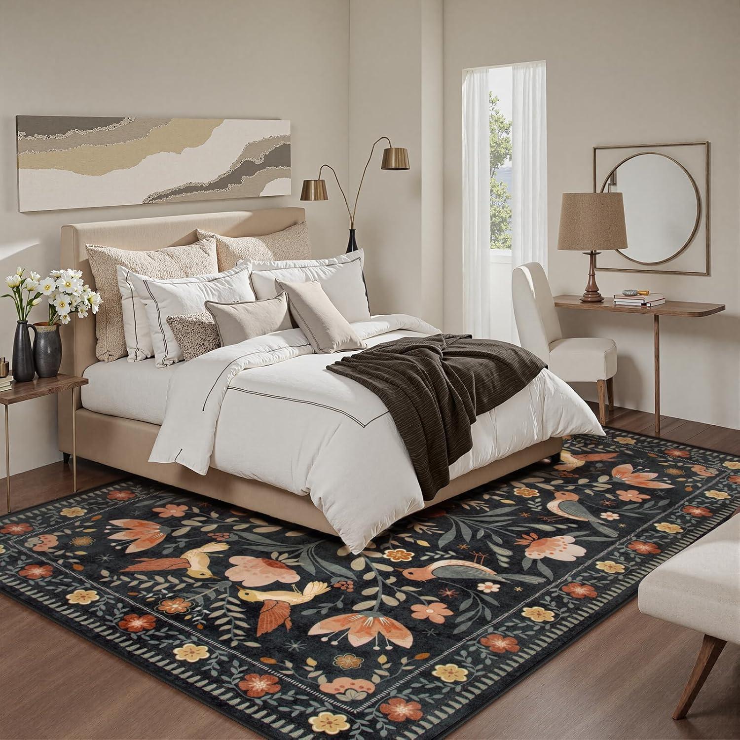 imageMoynesa Boho Birds Rug 8x10 Area Rug Green Machine Washable LowPile Soft Playroom Rug Living Room CarpetBlack