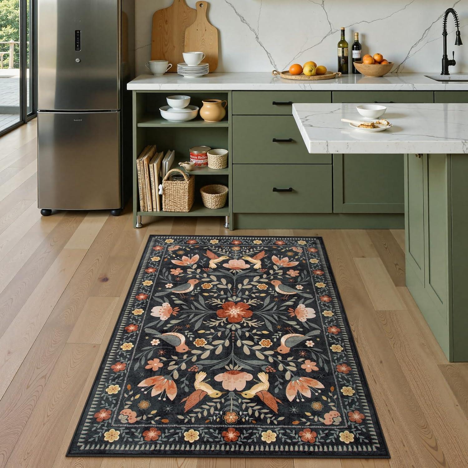 imageMoynesa Boho Birds Rug 8x10 Area Rug Green Machine Washable LowPile Soft Playroom Rug Living Room CarpetBlack