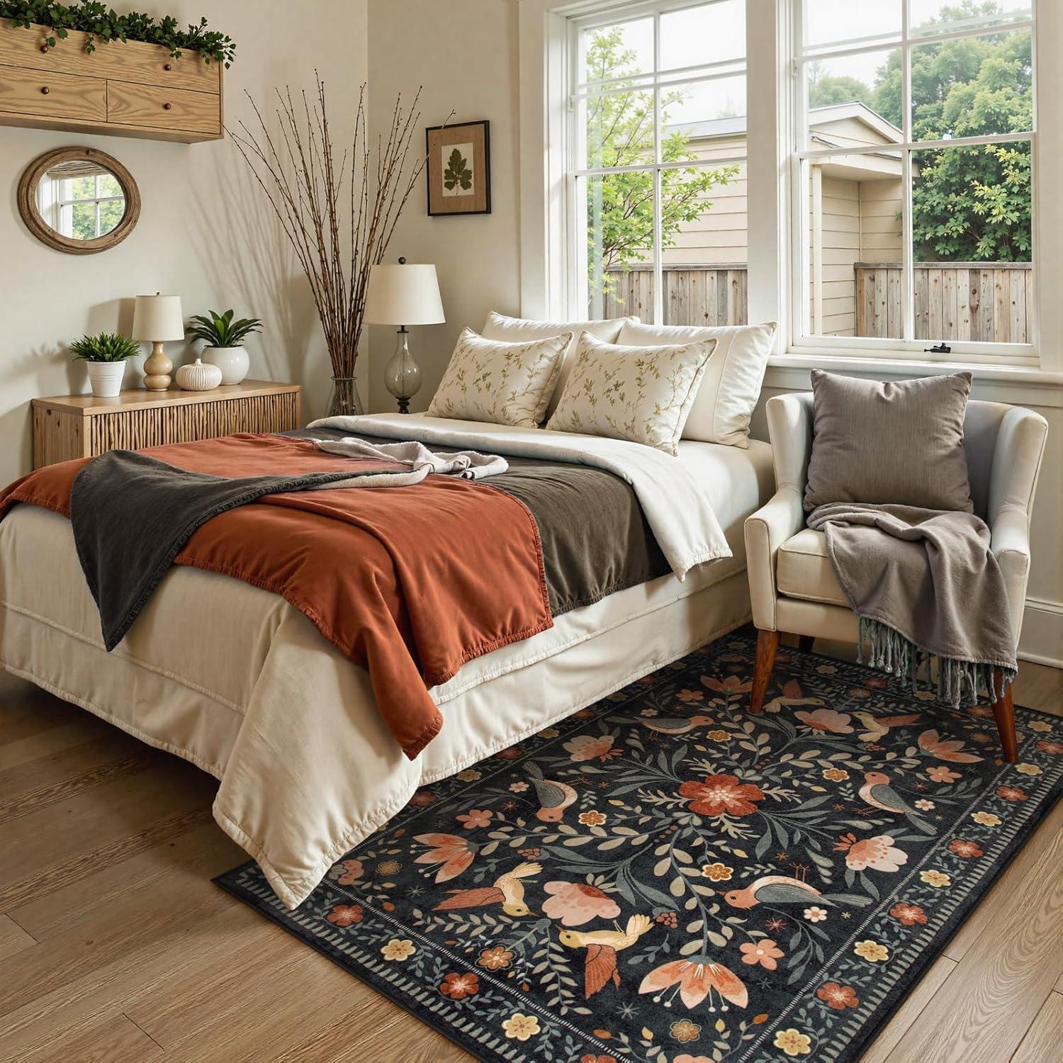 imageMoynesa Boho Birds Rug 8x10 Area Rug Green Machine Washable LowPile Soft Playroom Rug Living Room CarpetBlack