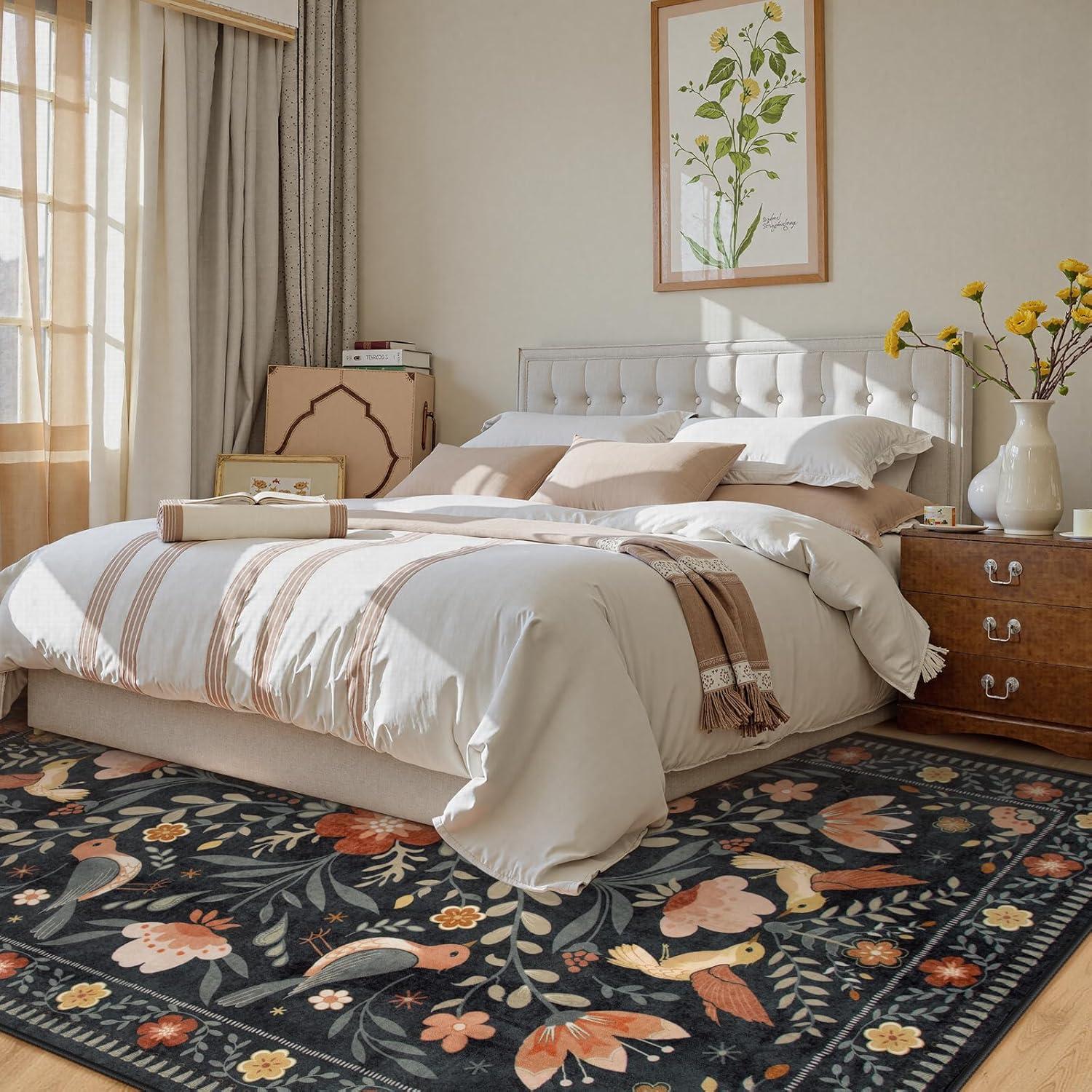 imageMoynesa Boho Birds Rug 8x10 Area Rug Green Machine Washable LowPile Soft Playroom Rug Living Room CarpetBlack