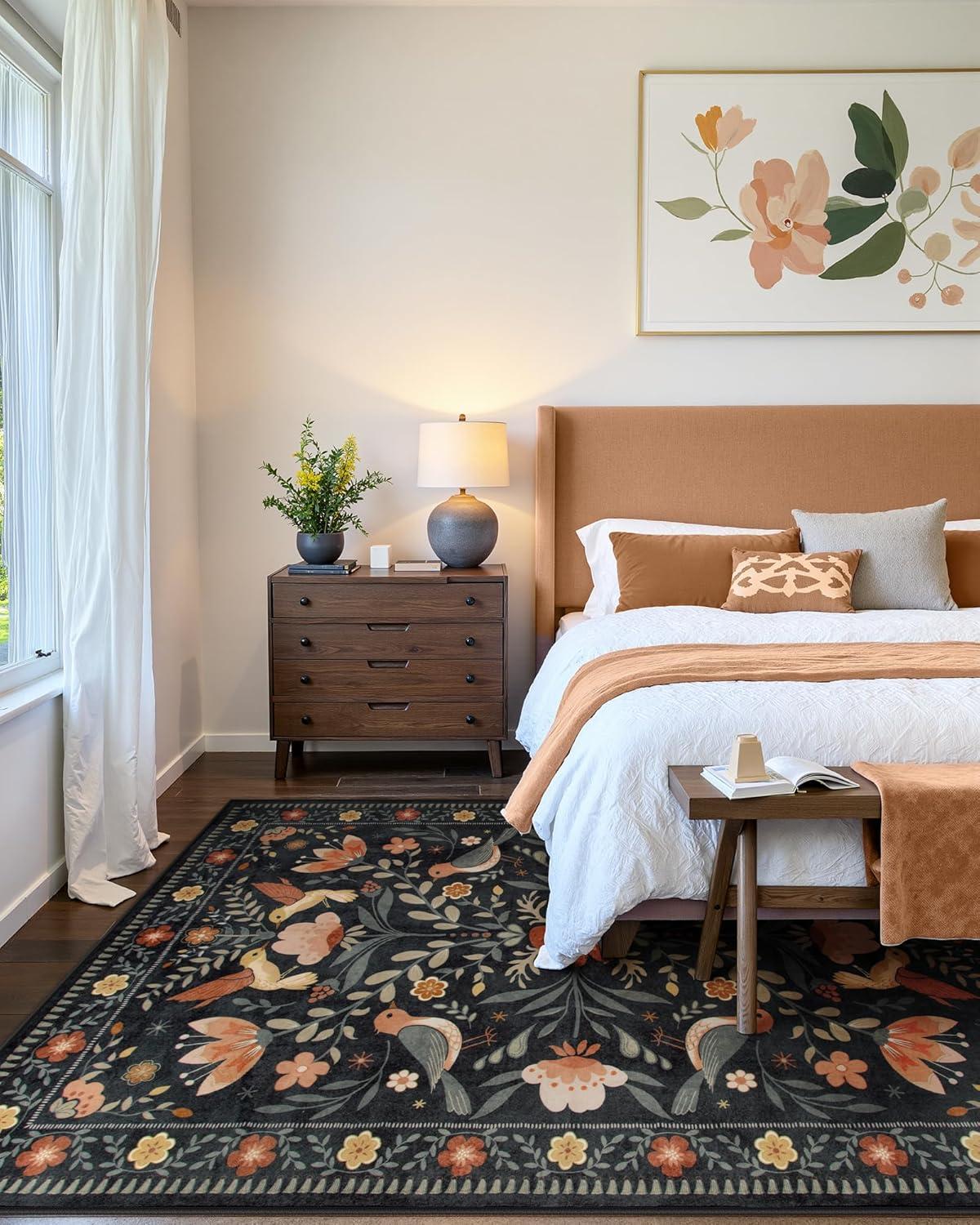 imageMoynesa Boho Birds Rug 8x10 Area Rug Green Machine Washable LowPile Soft Playroom Rug Living Room CarpetBlack