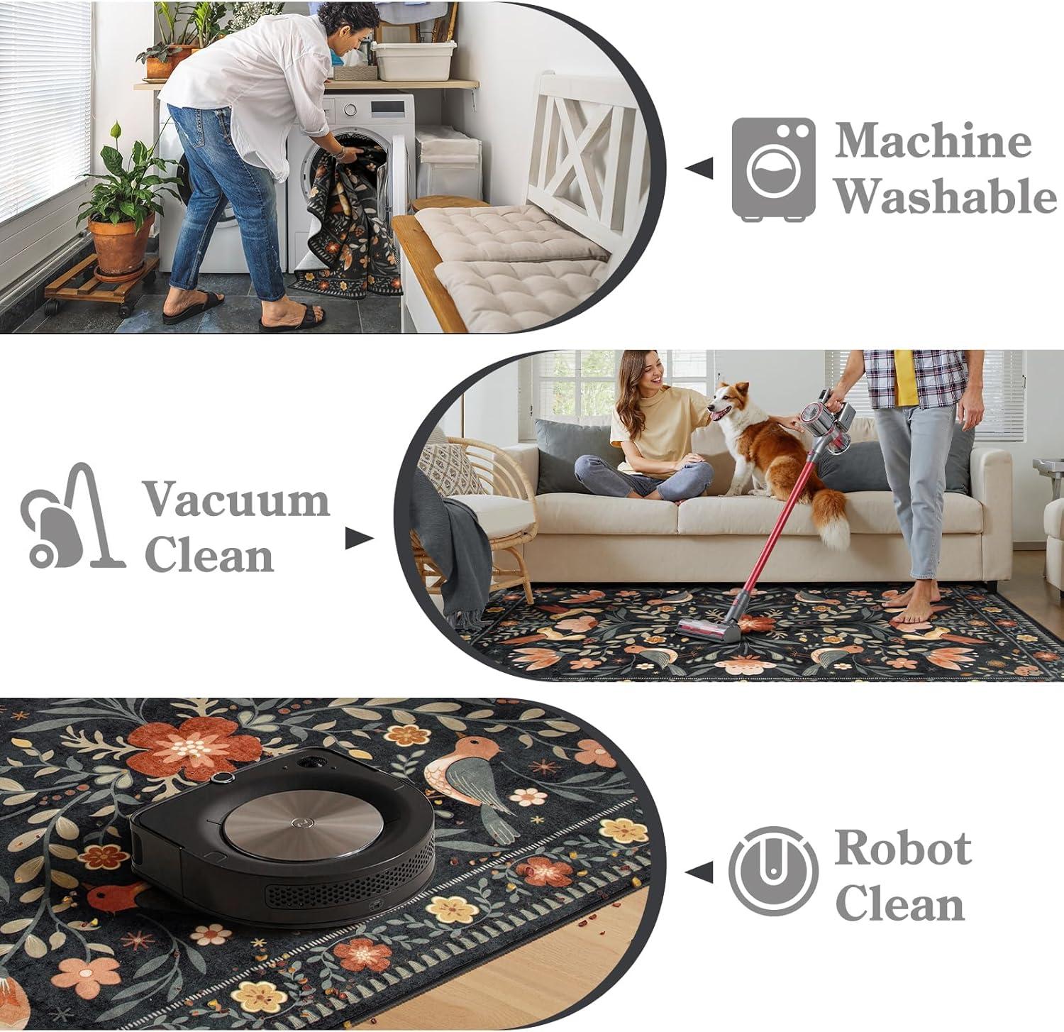 imageMoynesa Boho Birds Rug 8x10 Area Rug Green Machine Washable LowPile Soft Playroom Rug Living Room CarpetBlack