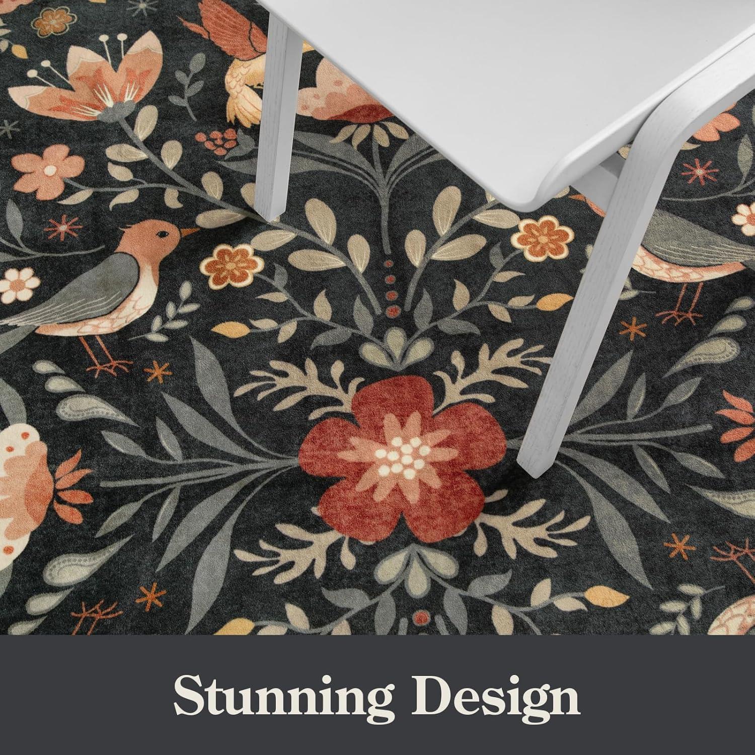 imageMoynesa Boho Birds Rug 8x10 Area Rug Green Machine Washable LowPile Soft Playroom Rug Living Room CarpetBlack