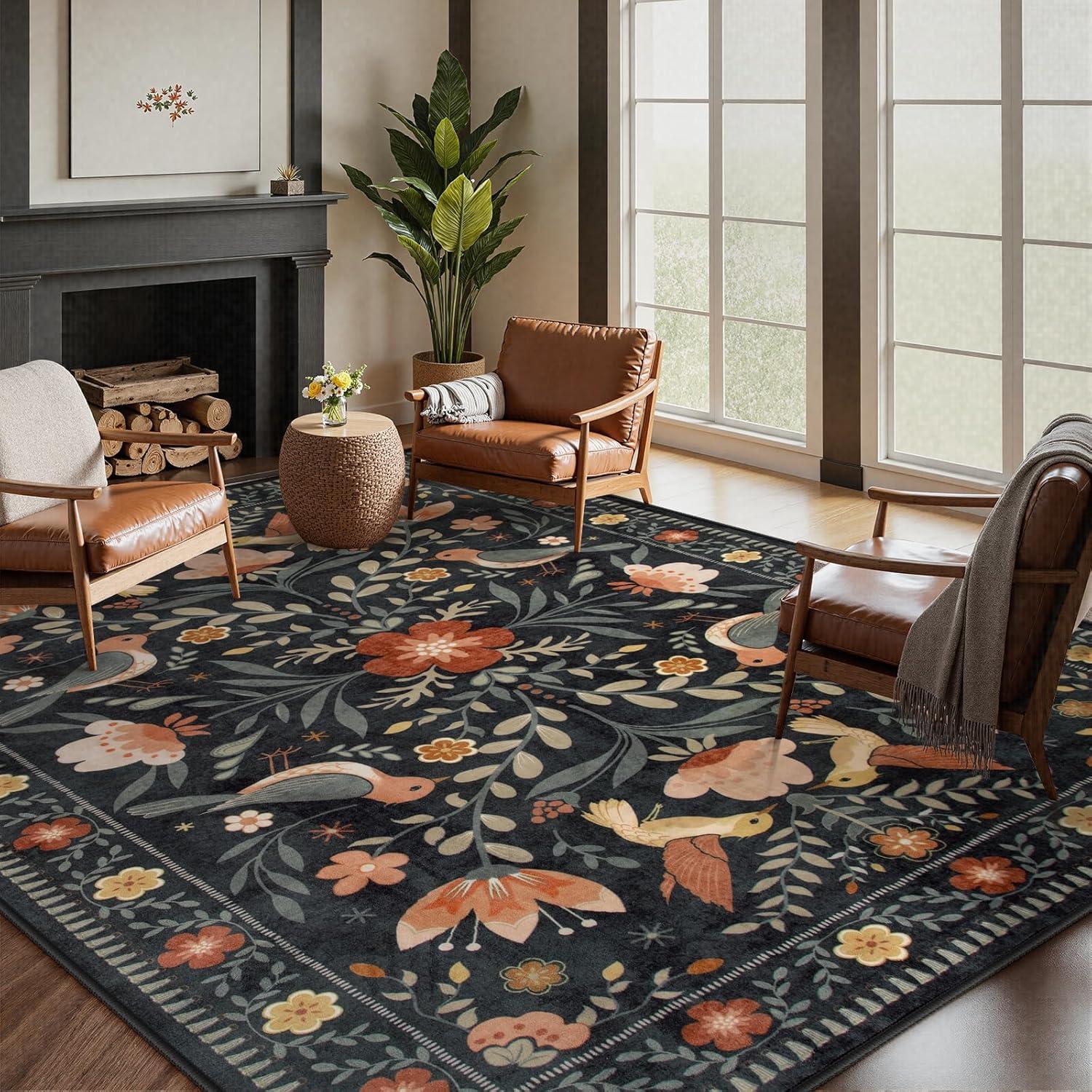 imageMoynesa Boho Birds Rug 8x10 Area Rug Green Machine Washable LowPile Soft Playroom Rug Living Room CarpetBlack