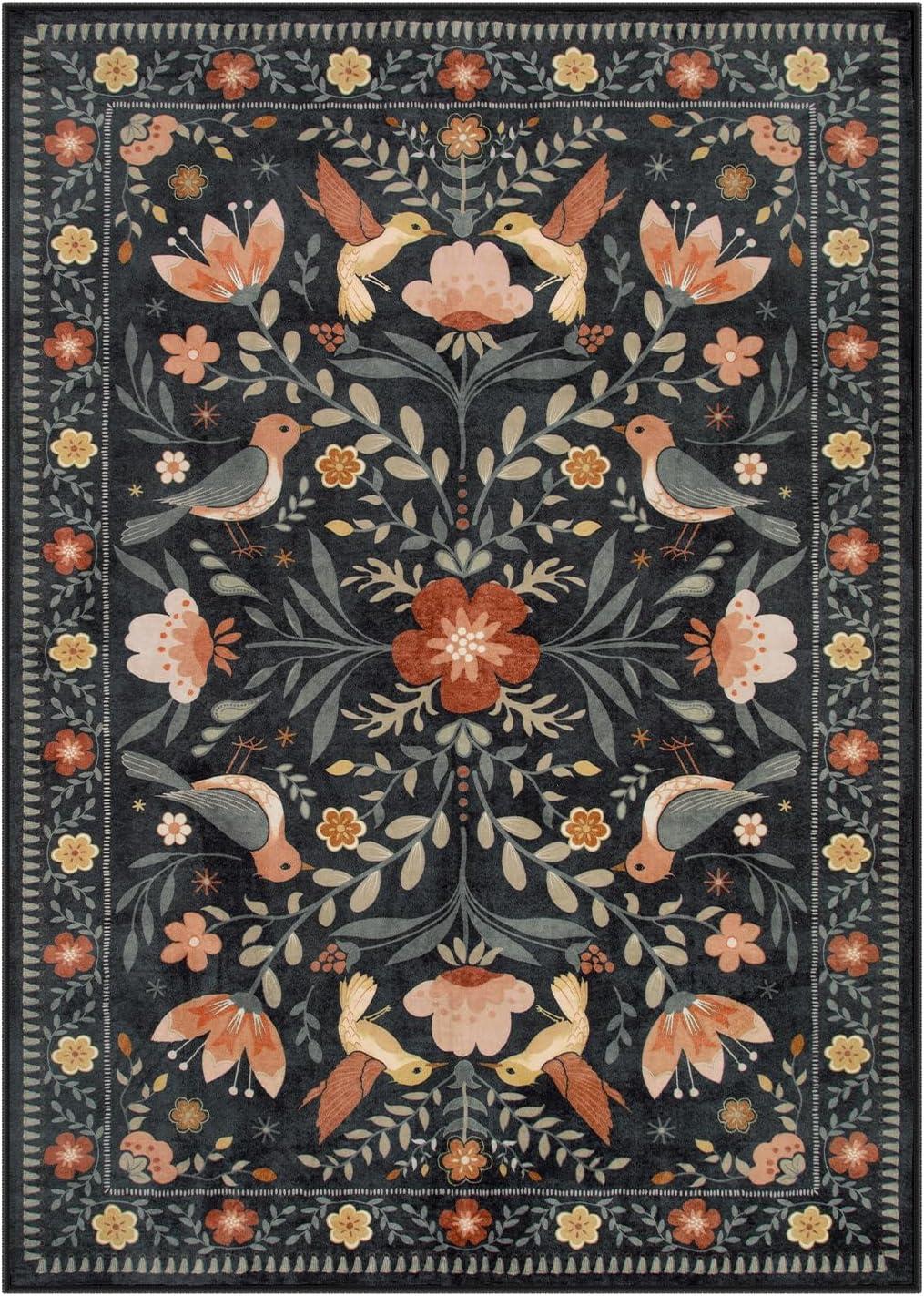 imageMoynesa Boho Birds Rug 8x10 Area Rug Green Machine Washable LowPile Soft Playroom Rug Living Room CarpetBlack