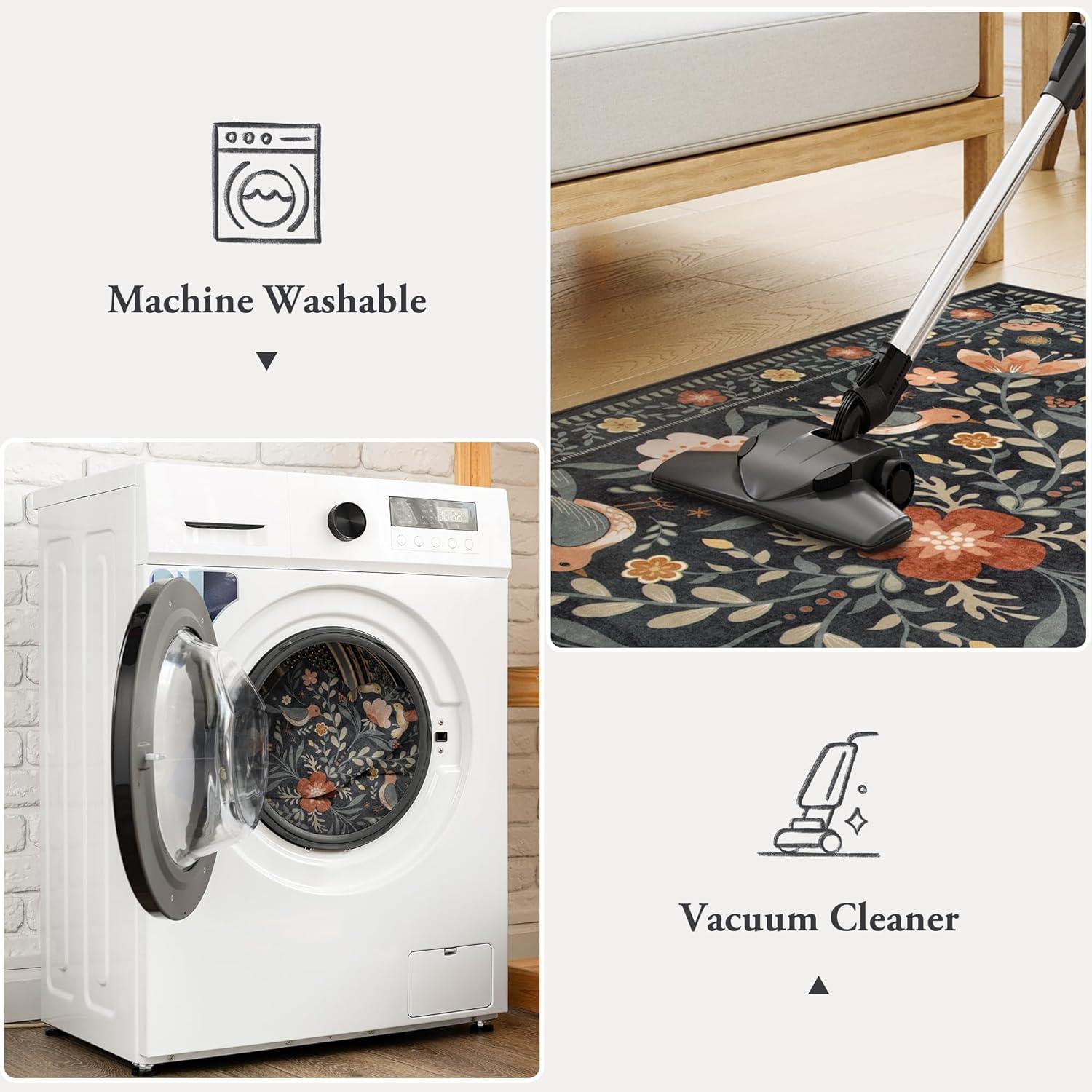 imageMoynesa Boho Birds Rug 8x10 Area Rug Green Machine Washable LowPile Soft Playroom Rug Living Room CarpetBlack