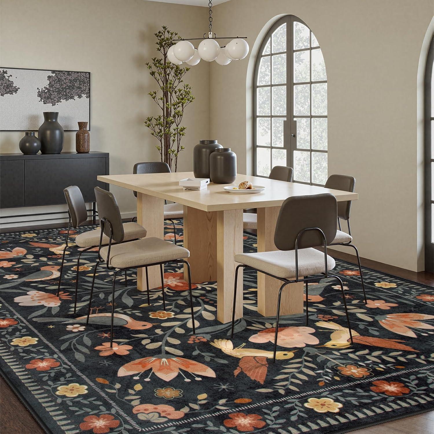 imageMoynesa Boho Birds Rug 8x10 Area Rug Green Machine Washable LowPile Soft Playroom Rug Living Room CarpetBlack