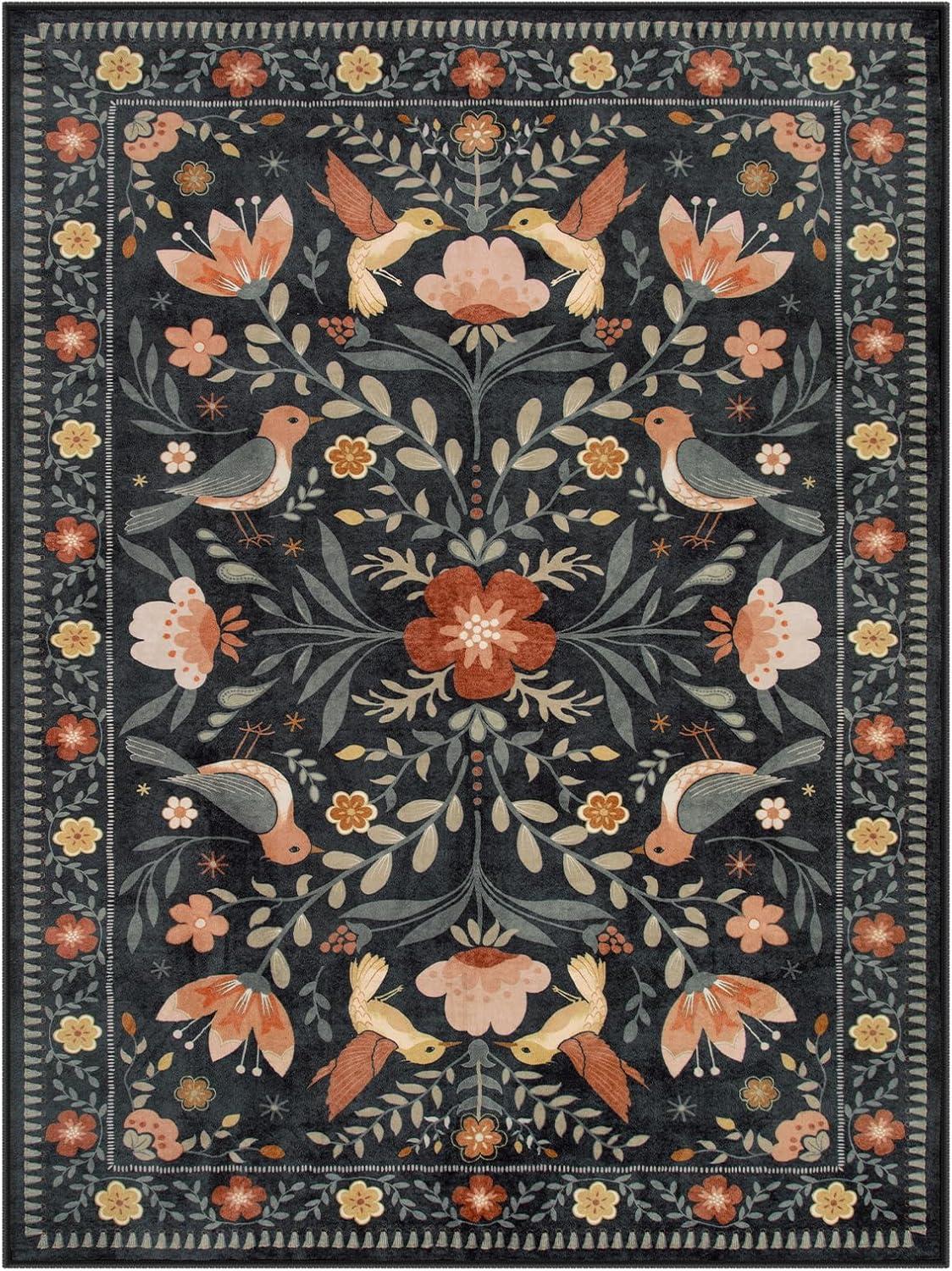 imageMoynesa Boho Birds Rug 8x10 Area Rug Green Machine Washable LowPile Soft Playroom Rug Living Room CarpetBlack