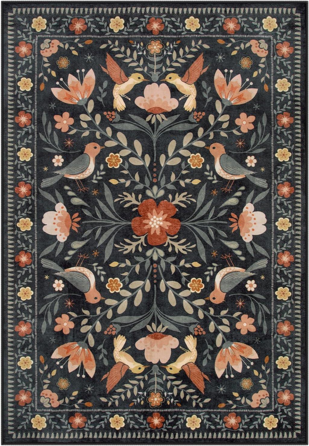 imageMoynesa Boho Birds Rug 8x10 Area Rug Green Machine Washable LowPile Soft Playroom Rug Living Room CarpetBlack