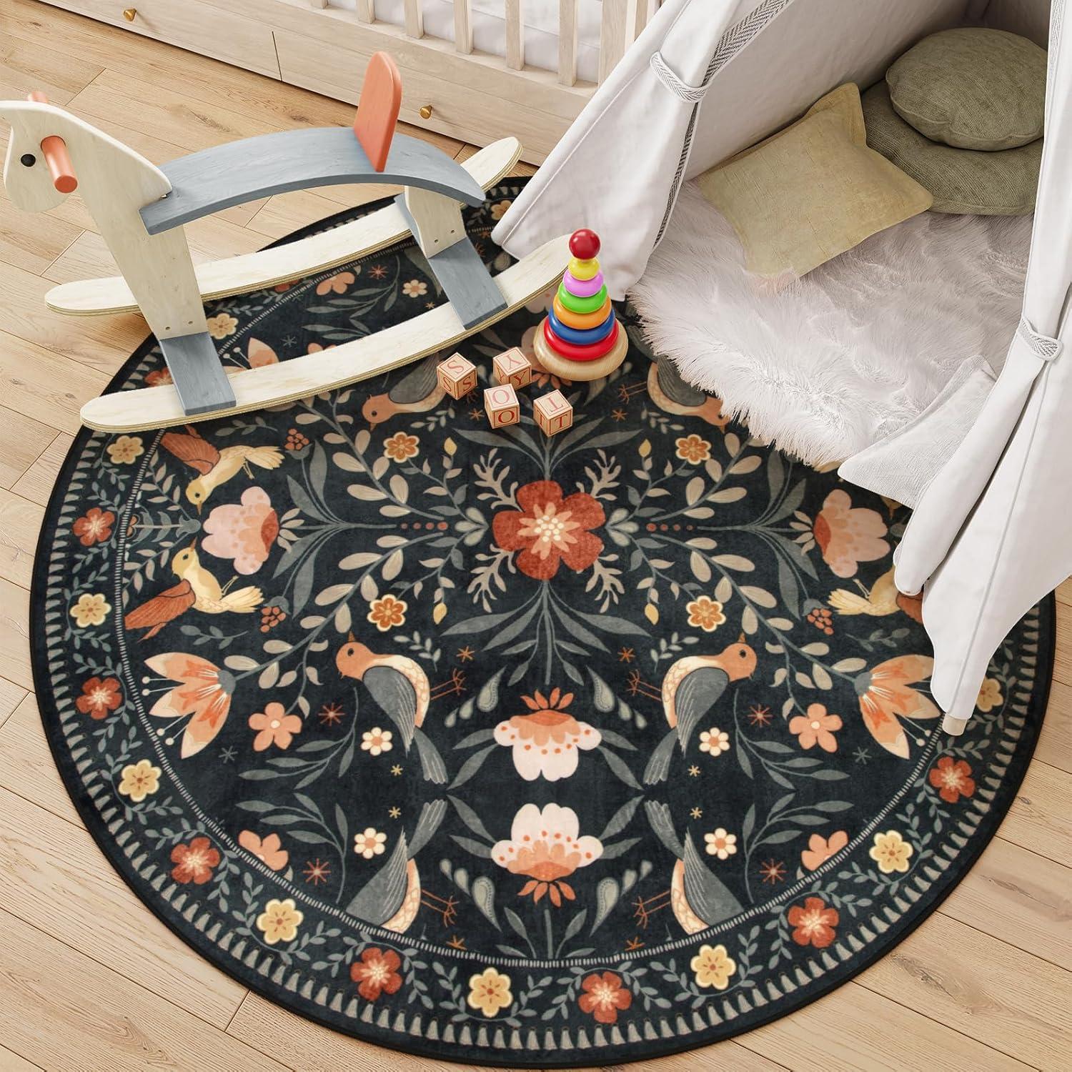 imageMoynesa Boho Birds Rug 8x10 Area Rug Green Machine Washable LowPile Soft Playroom Rug Living Room CarpetBlack