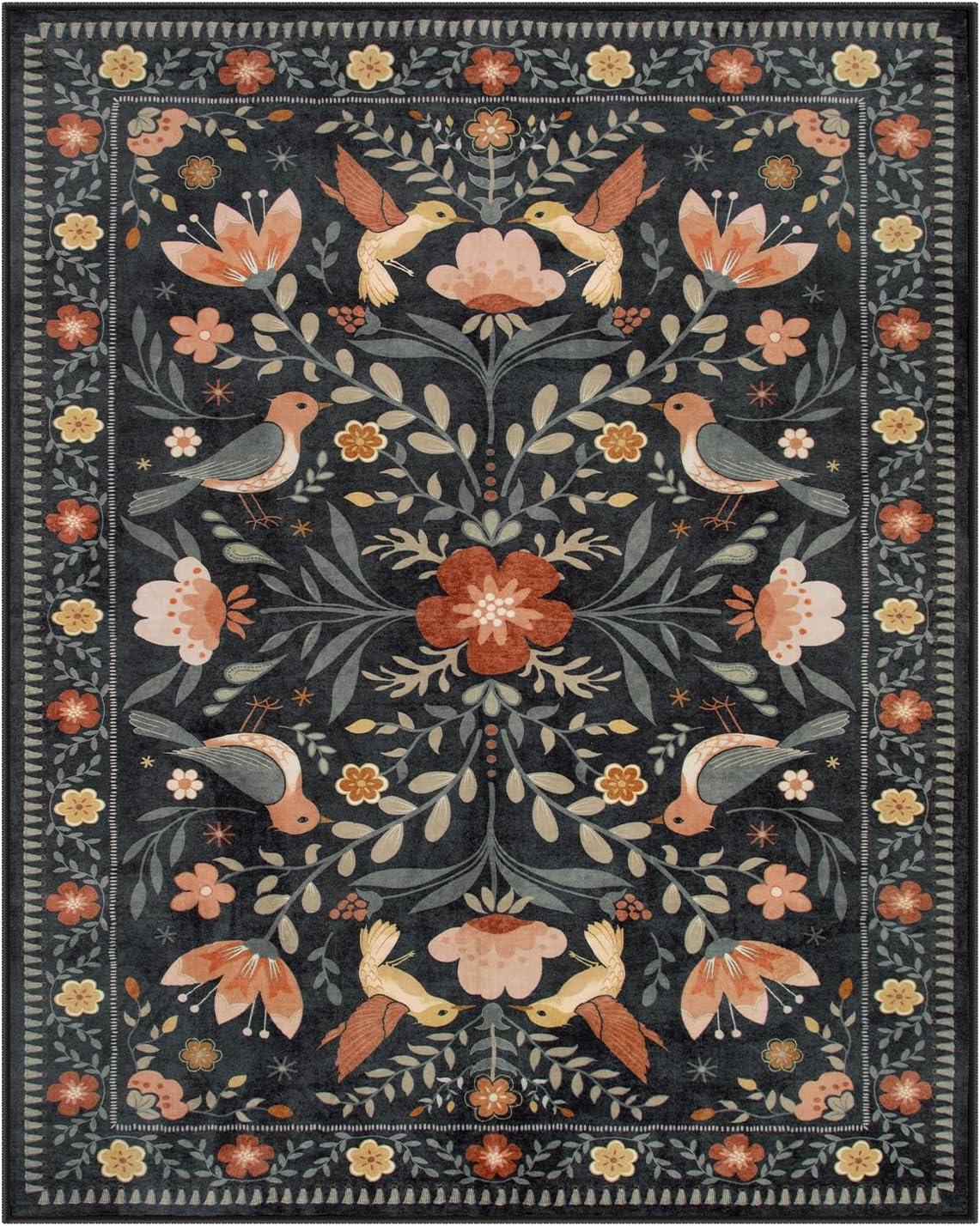 imageMoynesa Boho Birds Rug 8x10 Area Rug Green Machine Washable LowPile Soft Playroom Rug Living Room CarpetBlack