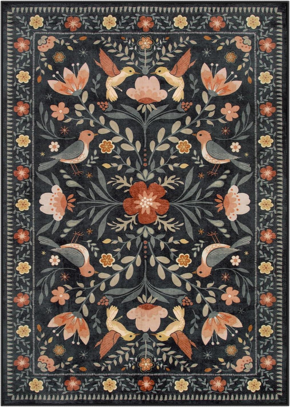 imageMoynesa Boho Birds Rug 8x10 Area Rug Green Machine Washable LowPile Soft Playroom Rug Living Room CarpetBlack