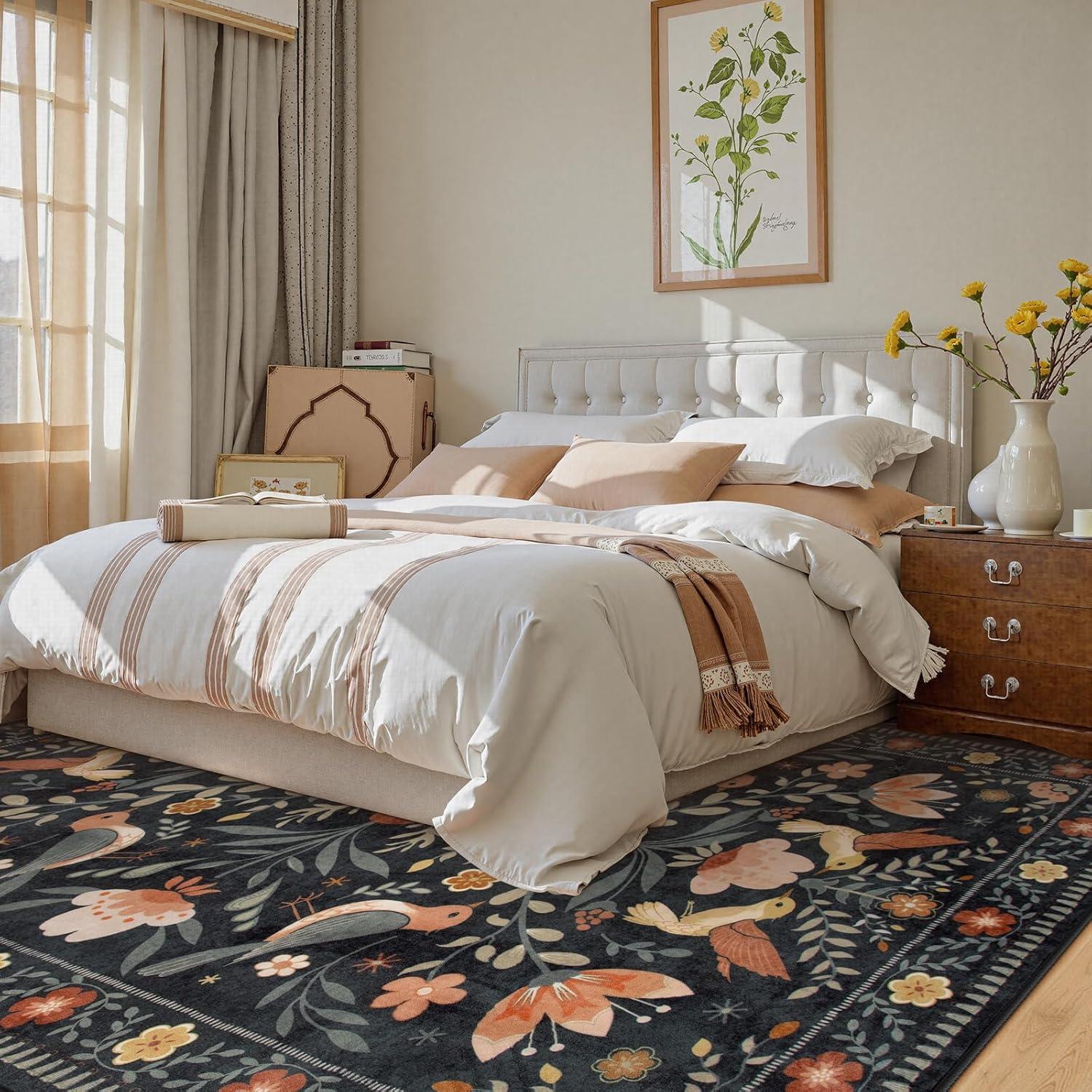 imageMoynesa Boho Birds Rug 8x10 Area Rug Green Machine Washable LowPile Soft Playroom Rug Living Room CarpetBlack