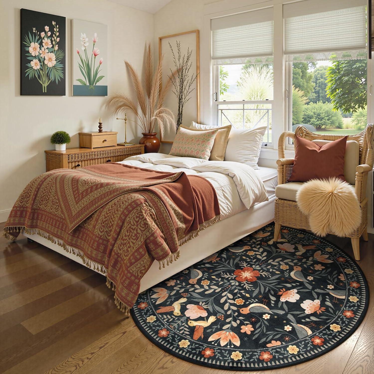 imageMoynesa Boho Birds Rug 8x10 Area Rug Green Machine Washable LowPile Soft Playroom Rug Living Room CarpetBlack