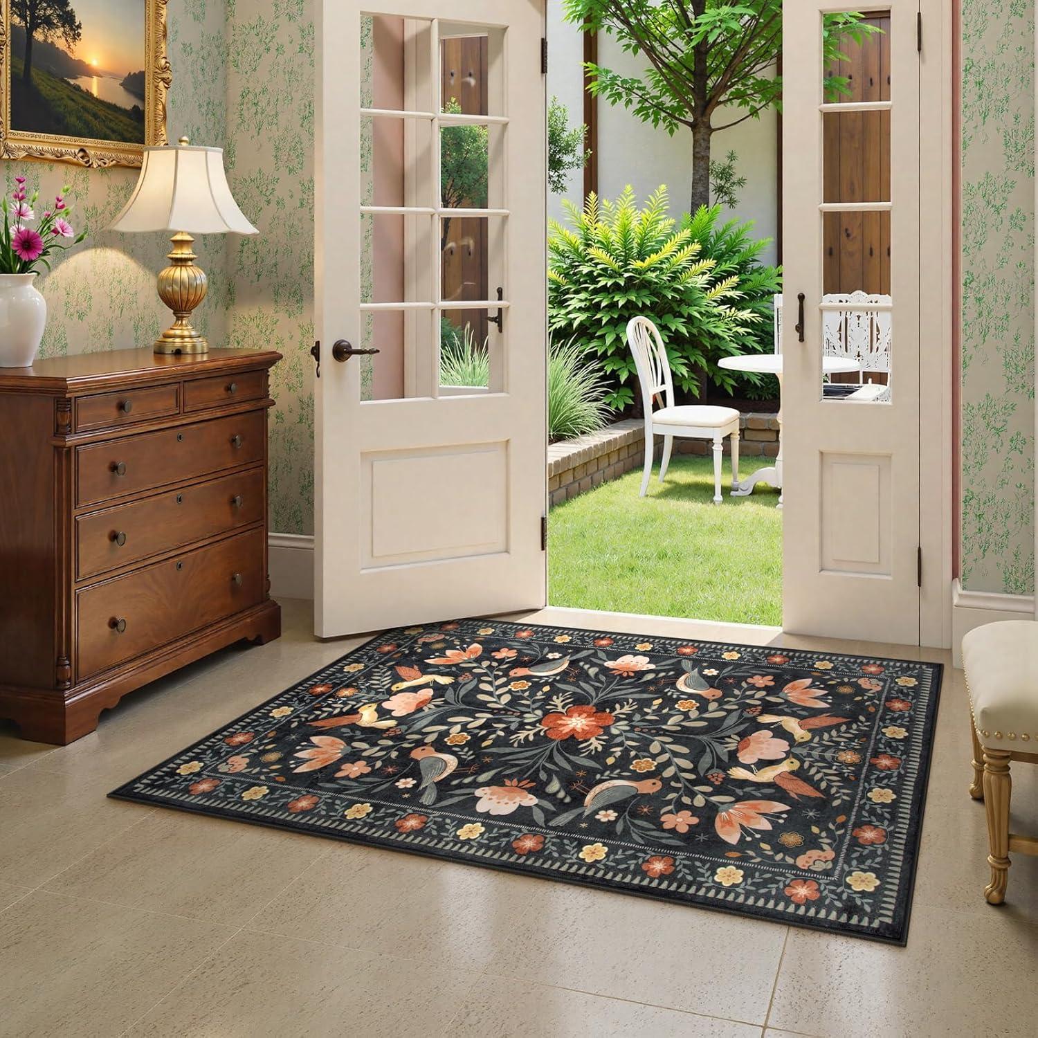 imageMoynesa Boho Birds Rug 8x10 Area Rug Green Machine Washable LowPile Soft Playroom Rug Living Room CarpetBlack
