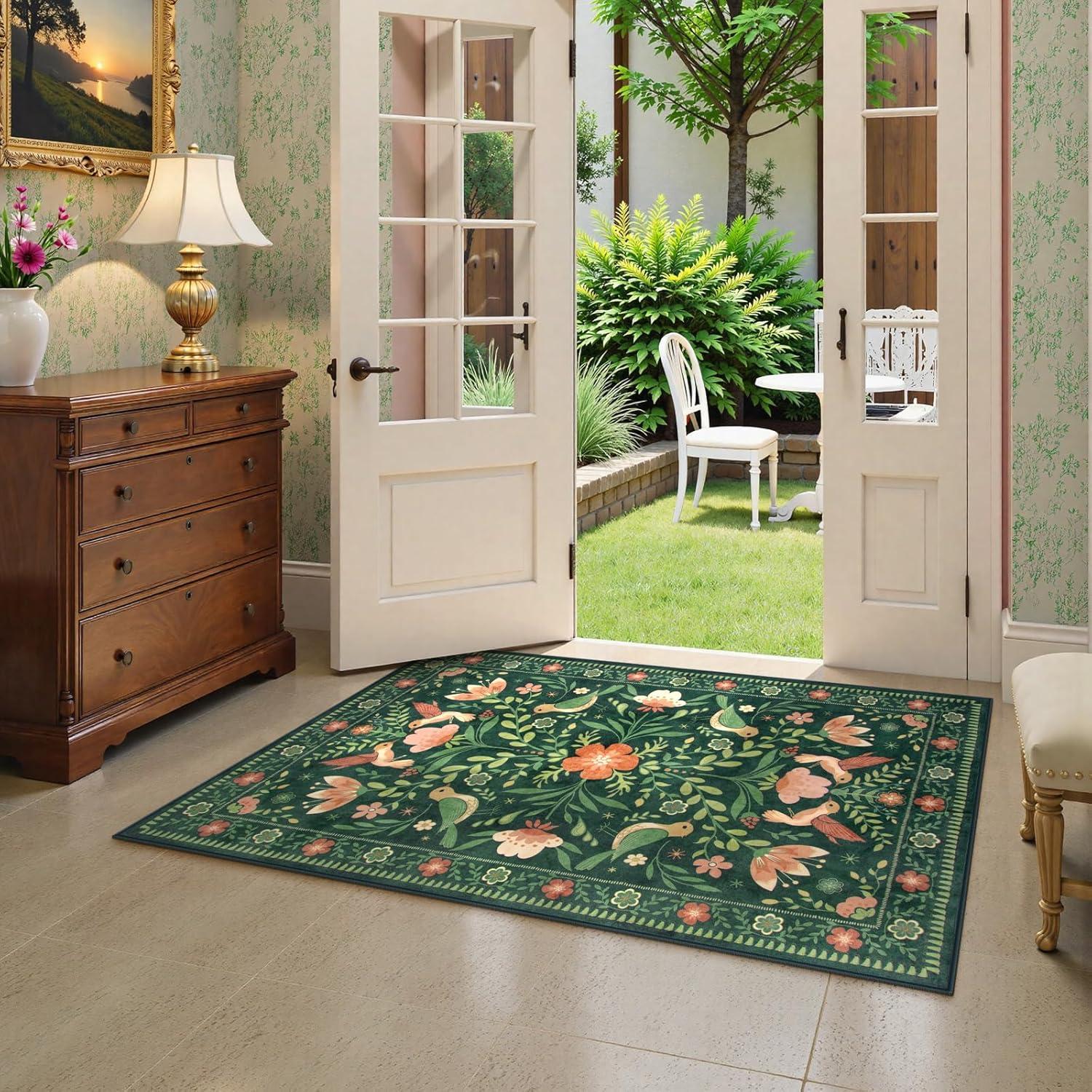 imageMoynesa Boho Birds Rug 8x10 Area Rug Green Machine Washable LowPile Soft Playroom Rug Living Room CarpetGreen