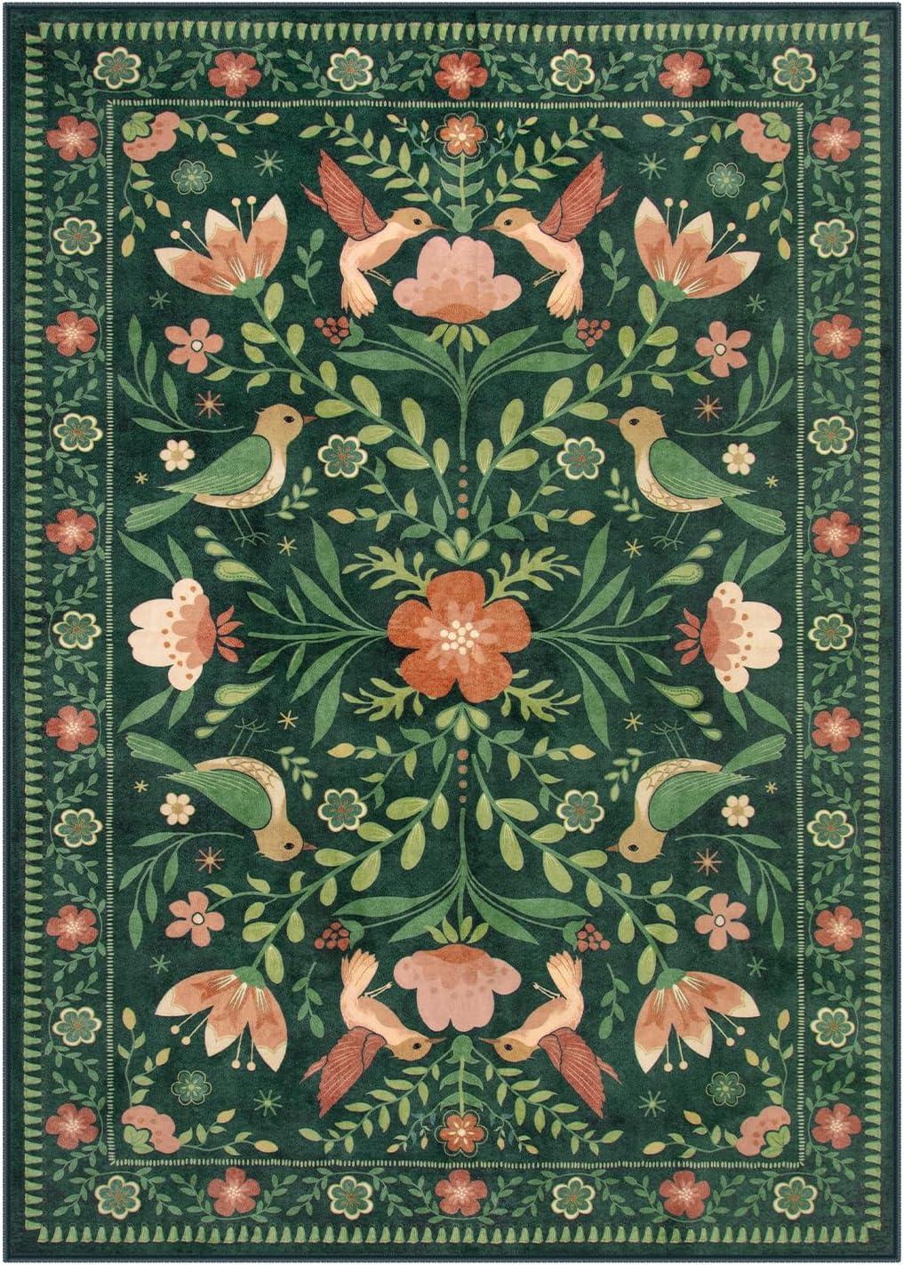 imageMoynesa Boho Birds Rug 8x10 Area Rug Green Machine Washable LowPile Soft Playroom Rug Living Room CarpetGreen