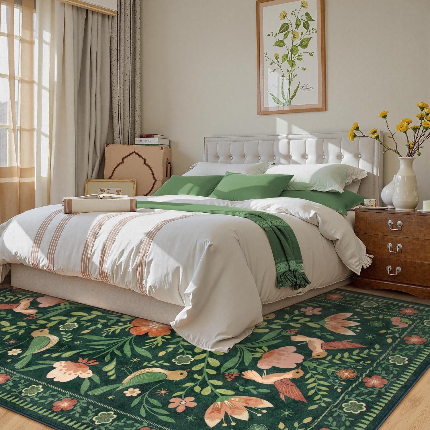 imageMoynesa Boho Birds Rug 8x10 Area Rug Green Machine Washable LowPile Soft Playroom Rug Living Room CarpetGreen