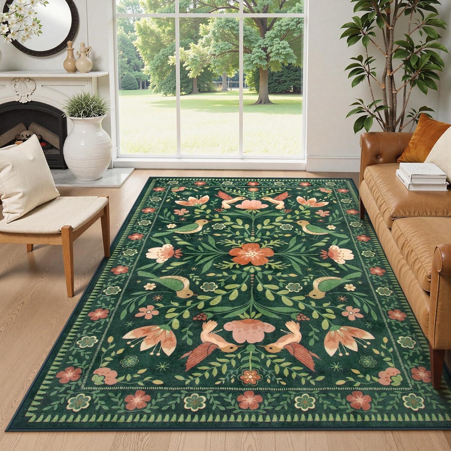 imageMoynesa Boho Birds Rug 8x10 Area Rug Green Machine Washable LowPile Soft Playroom Rug Living Room CarpetGreen