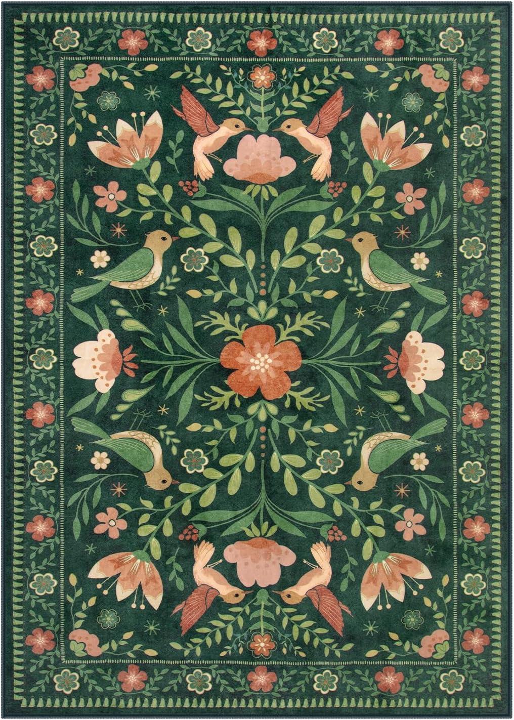 imageMoynesa Boho Birds Rug 8x10 Area Rug Green Machine Washable LowPile Soft Playroom Rug Living Room CarpetGreen