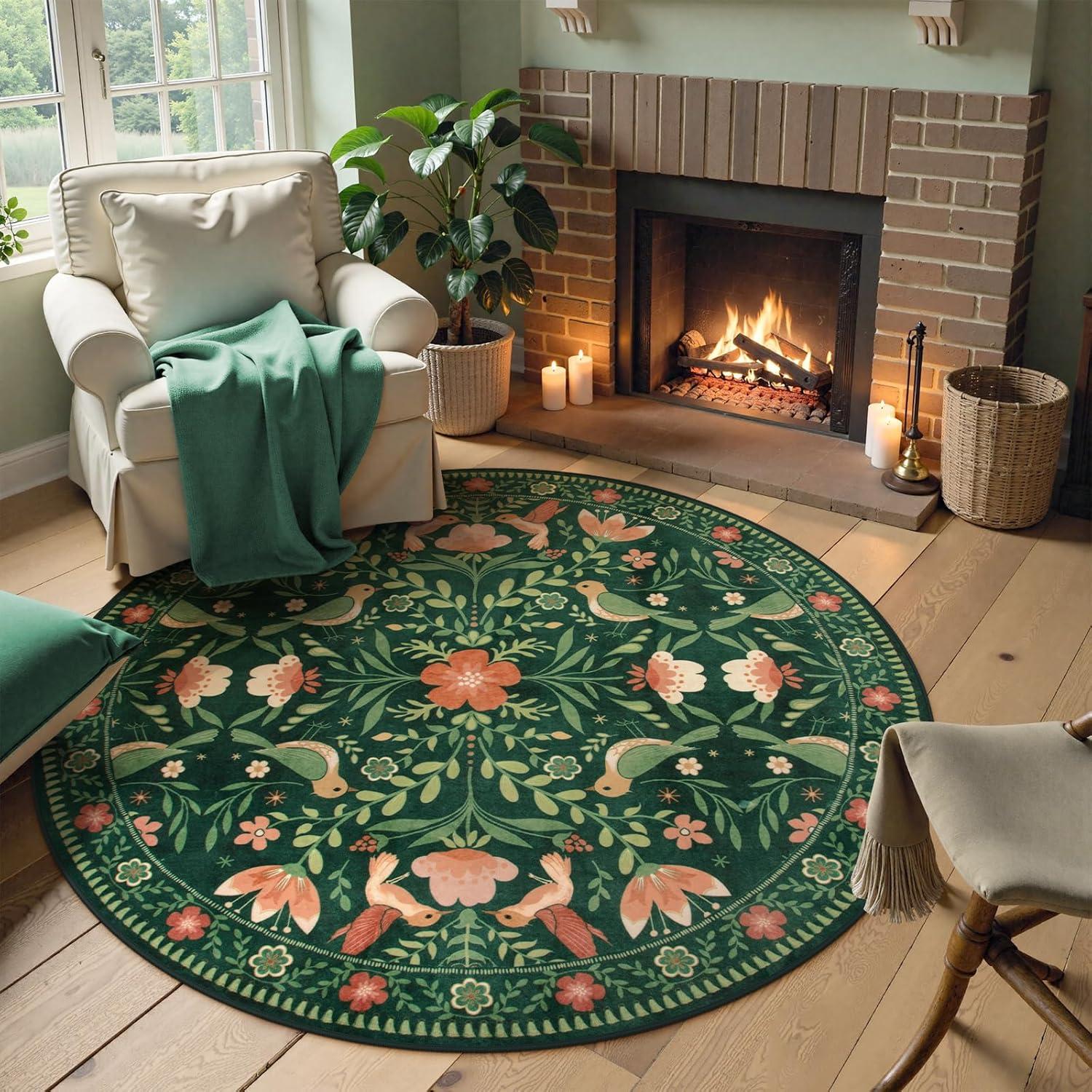 imageMoynesa Boho Birds Rug 8x10 Area Rug Green Machine Washable LowPile Soft Playroom Rug Living Room CarpetGreen