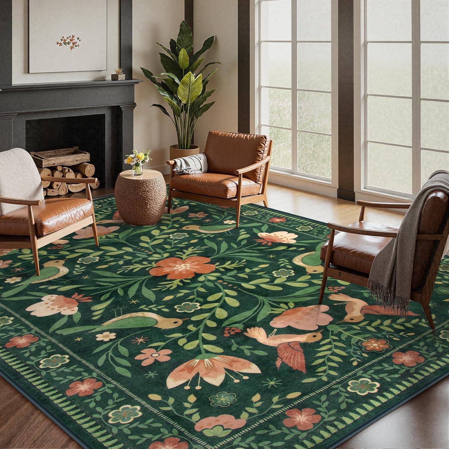 imageMoynesa Boho Birds Rug 8x10 Area Rug Green Machine Washable LowPile Soft Playroom Rug Living Room CarpetGreen