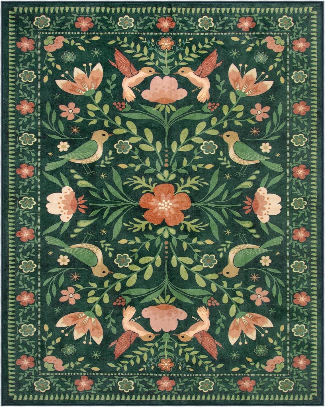 imageMoynesa Boho Birds Rug 8x10 Area Rug Green Machine Washable LowPile Soft Playroom Rug Living Room CarpetGreen