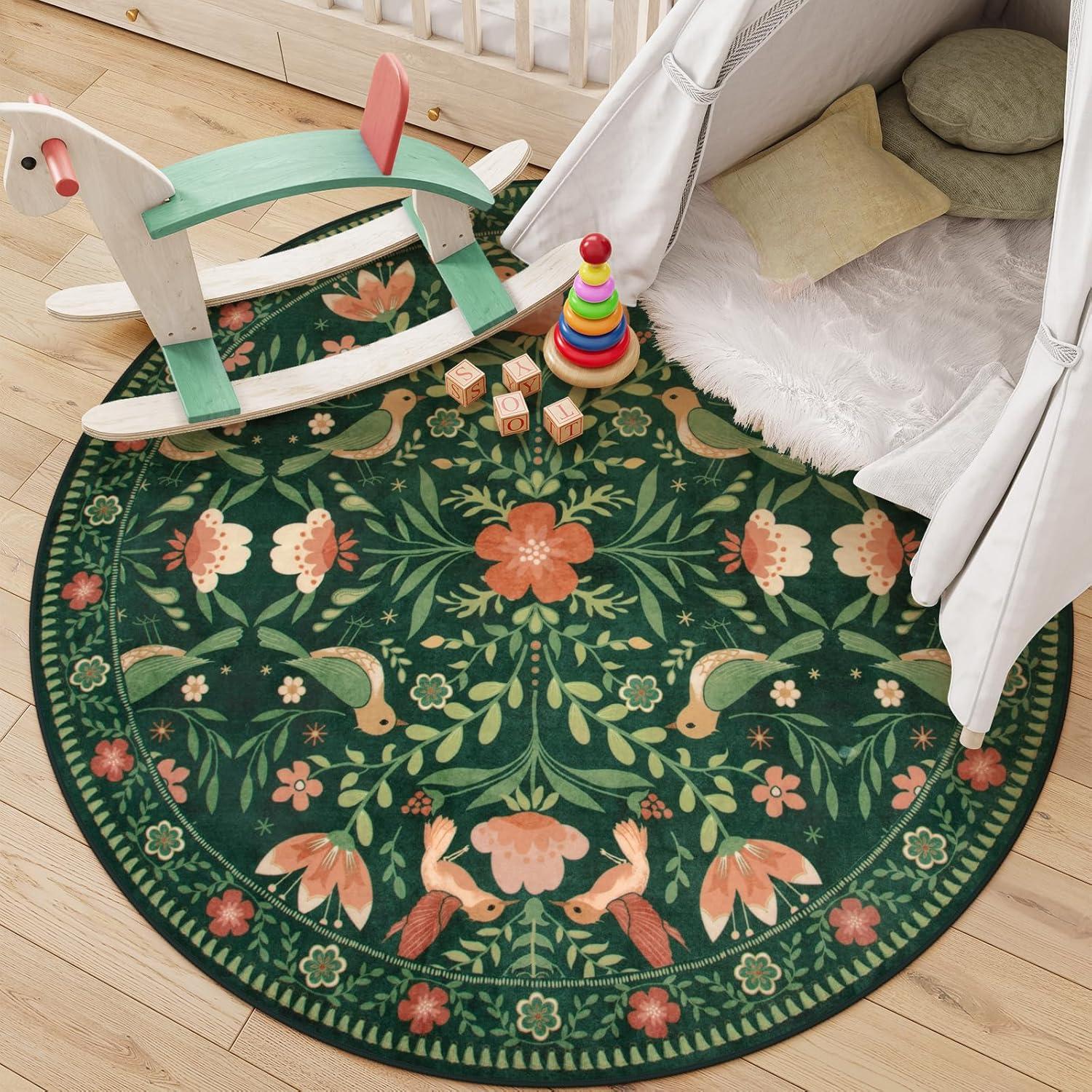 imageMoynesa Boho Birds Rug 8x10 Area Rug Green Machine Washable LowPile Soft Playroom Rug Living Room CarpetGreen