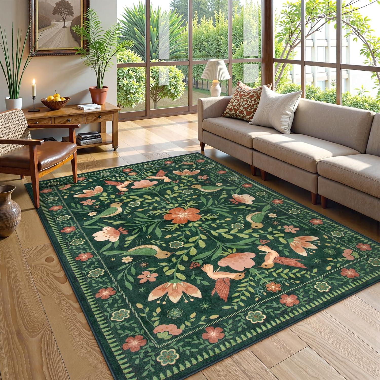 imageMoynesa Boho Birds Rug 8x10 Area Rug Green Machine Washable LowPile Soft Playroom Rug Living Room CarpetGreen