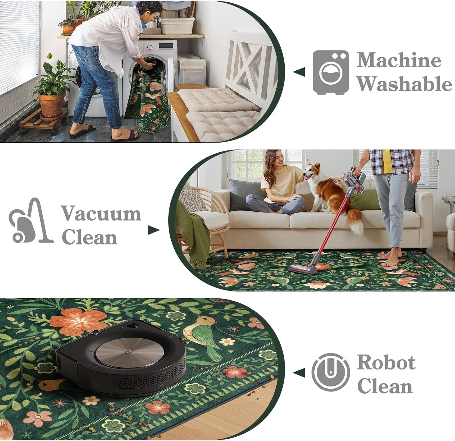 imageMoynesa Boho Birds Rug 8x10 Area Rug Green Machine Washable LowPile Soft Playroom Rug Living Room CarpetGreen