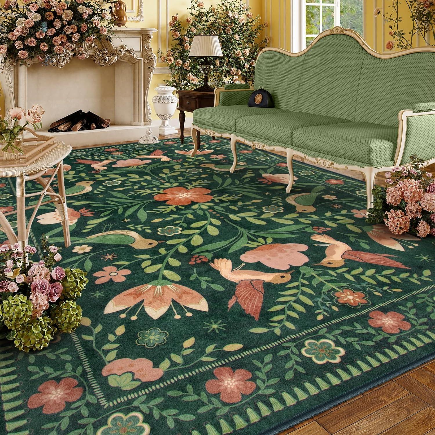 imageMoynesa Boho Birds Rug 8x10 Area Rug Green Machine Washable LowPile Soft Playroom Rug Living Room CarpetGreen