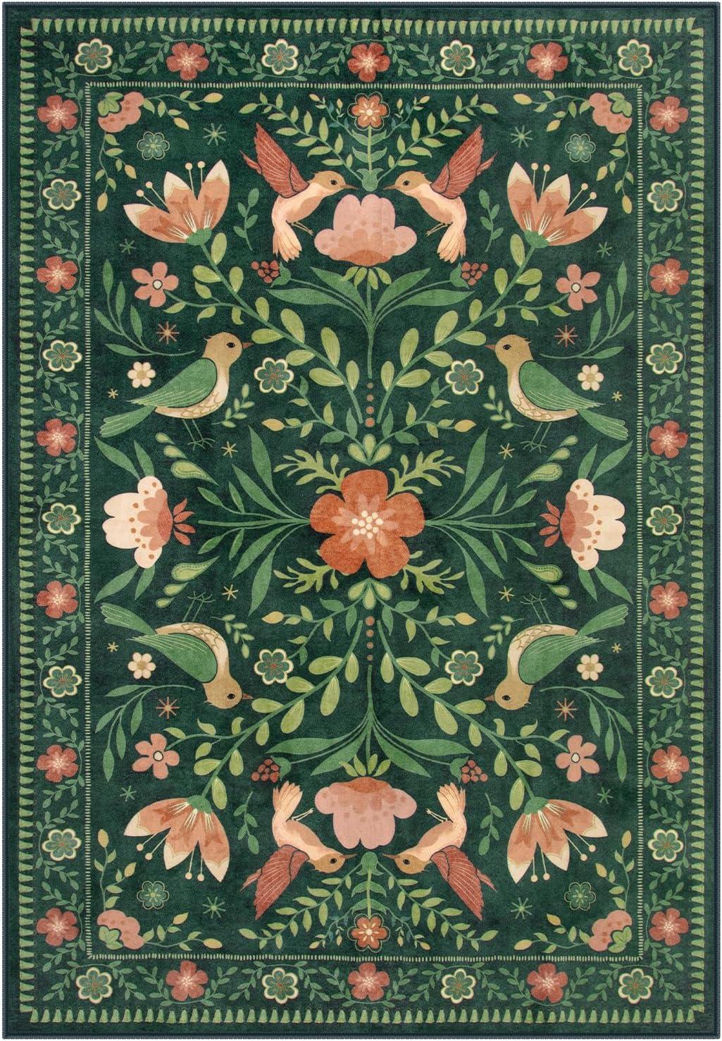 imageMoynesa Boho Birds Rug 8x10 Area Rug Green Machine Washable LowPile Soft Playroom Rug Living Room CarpetGreen