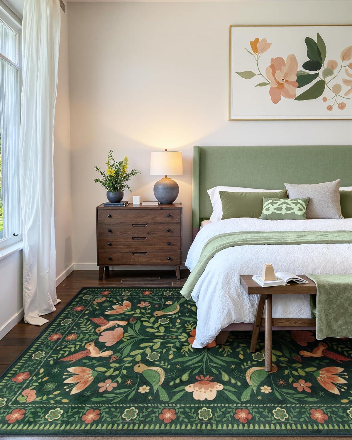 imageMoynesa Boho Birds Rug 8x10 Area Rug Green Machine Washable LowPile Soft Playroom Rug Living Room CarpetGreen